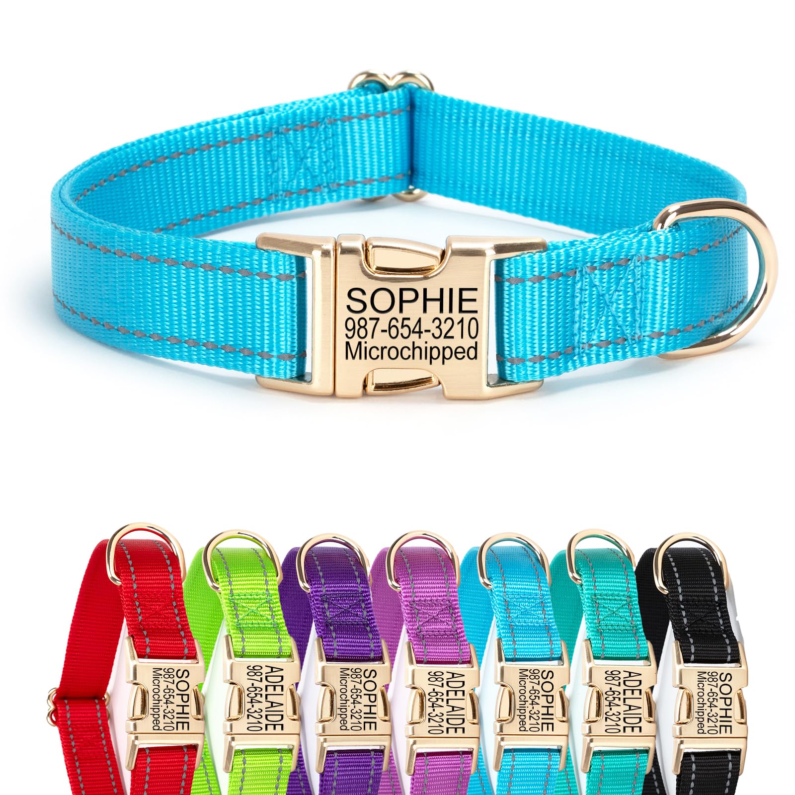 Personalized Reflective Nylon Dog Collar with Name Tag | Custom Engraved Golden Buckle Dog Collars | Metal Buckle Adjustable XS S M L XL Pet Collar for Small Medium Large Dogs（Sky Blue）