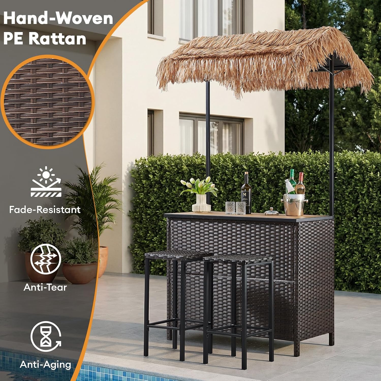 Outdoor Tiki Bar Set - 3 Pieces Wicker Patio Bar Height Set with Palapa Top and 2 Stools, All-Weather Patio Bar Set with Storage Shelves & Wine Glass Rack for Garden Patio Backyard Brown