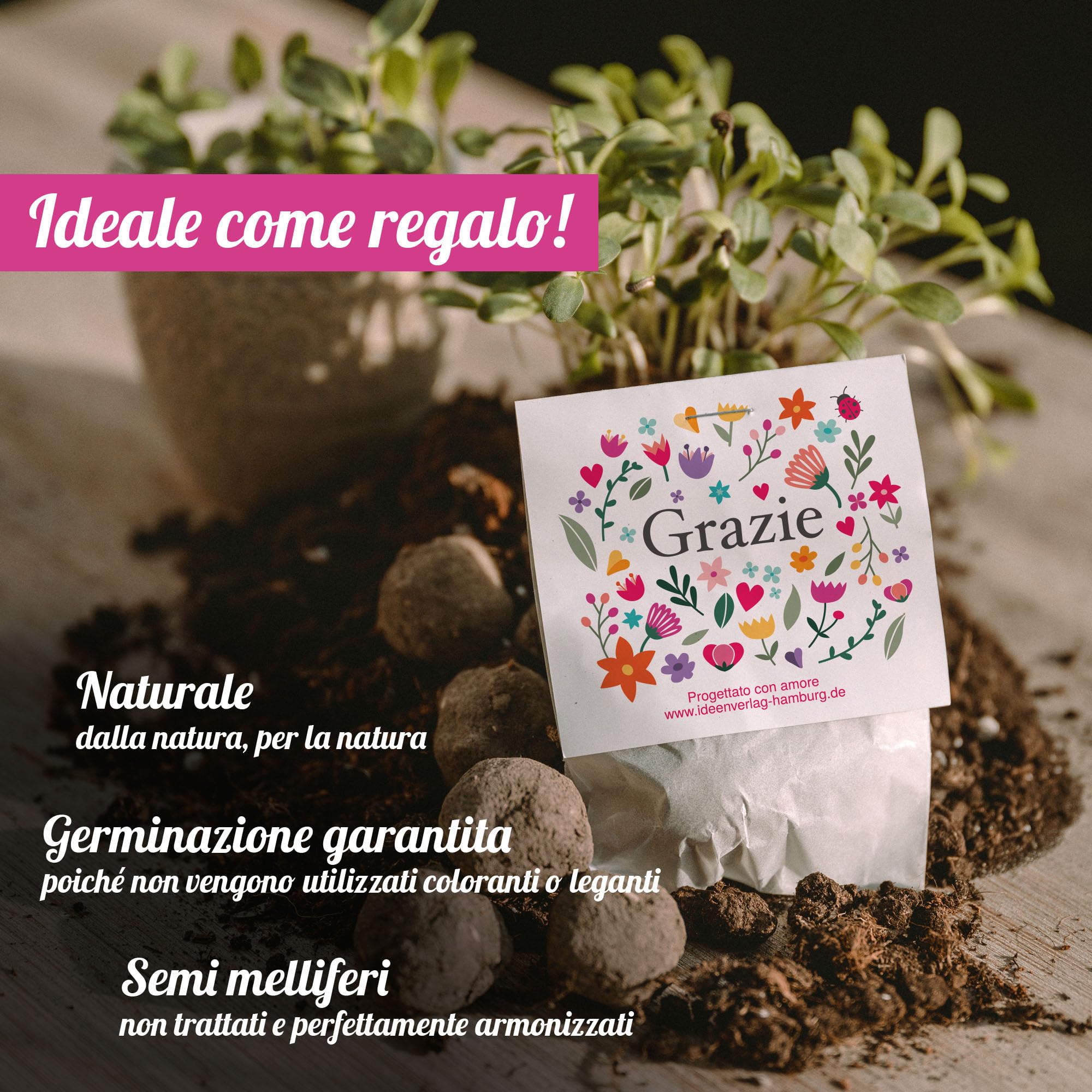 10x "Grazie" bombe di semi – regalino e piccolo omaggio - bombe di fiori come regalo di ringraziamento per colleghi, ospiti & bambini - semi di fiori & sfere di fiori come dono di ringraziamento