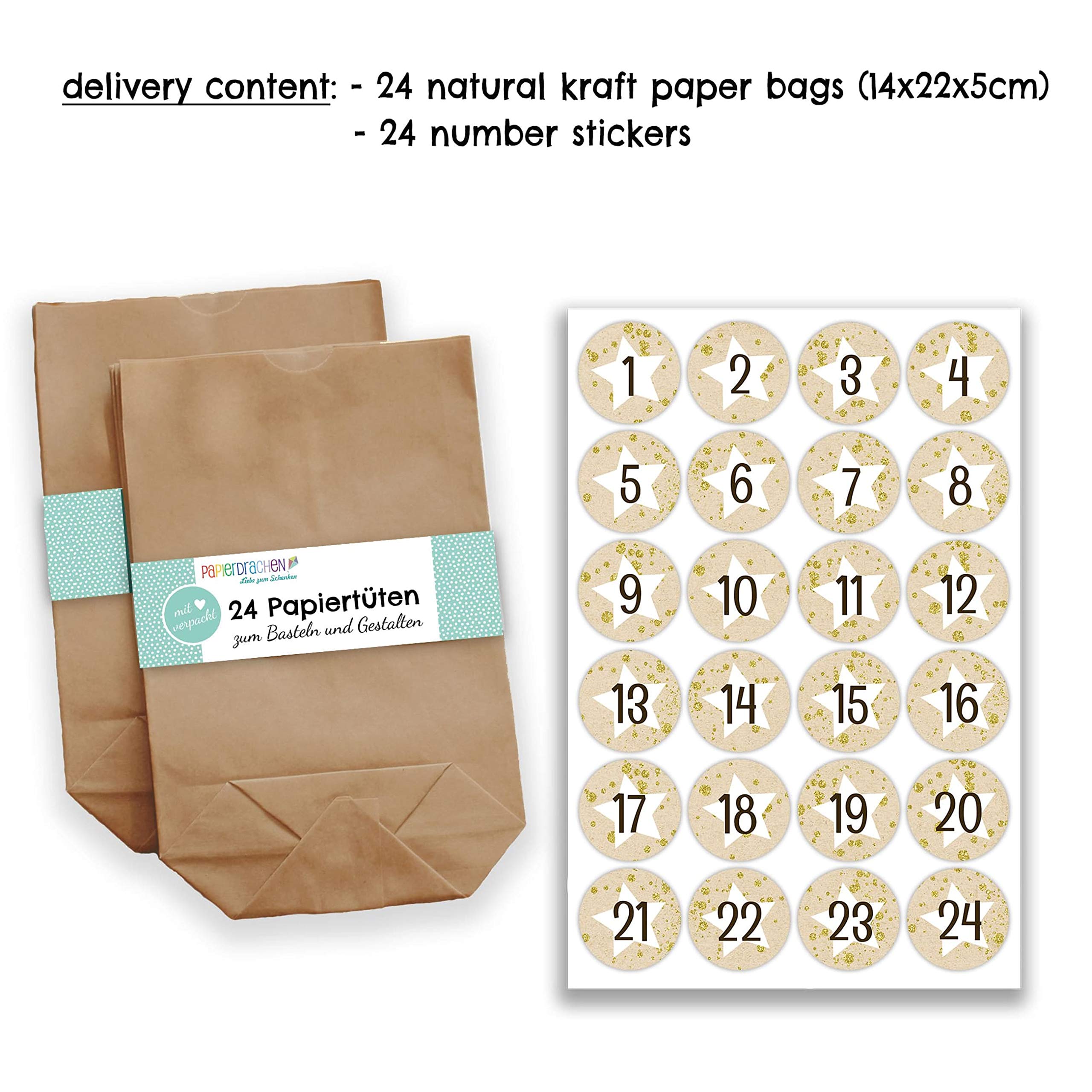 Calendario de Adviento DIY para rellenar - con 24 bolsas de papel marrón y 24 pegatinas rojo-verde - para bricolaje y manualidades - Mini Set Nr 17 - Navidad 2021 para niños — view 4