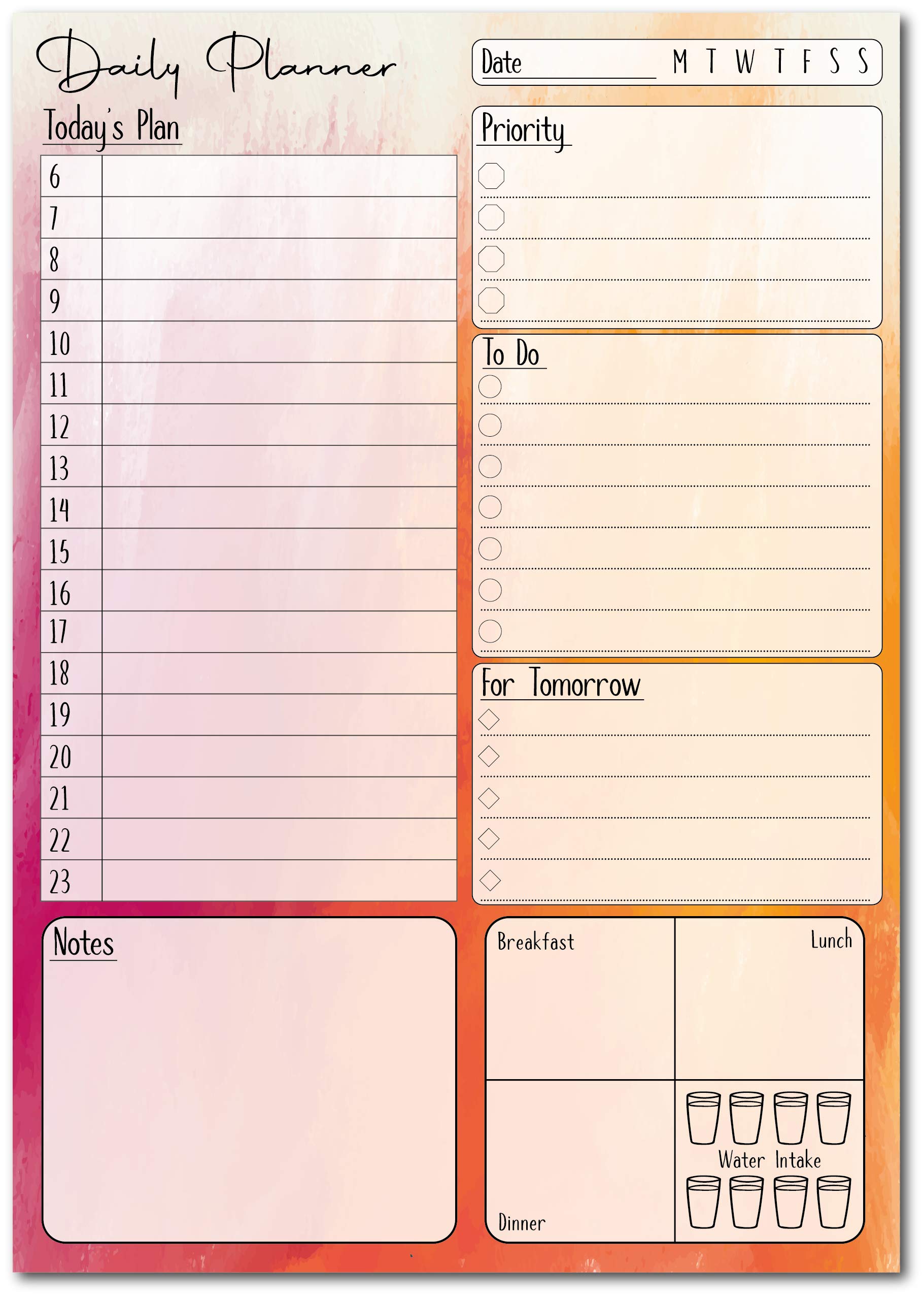 A5 Daily Planner 50 Sheet Note Pad with Schedule, Priority, To Do Lists, Doodle Notes & Meal Organiser (Pink/Orange Fade)