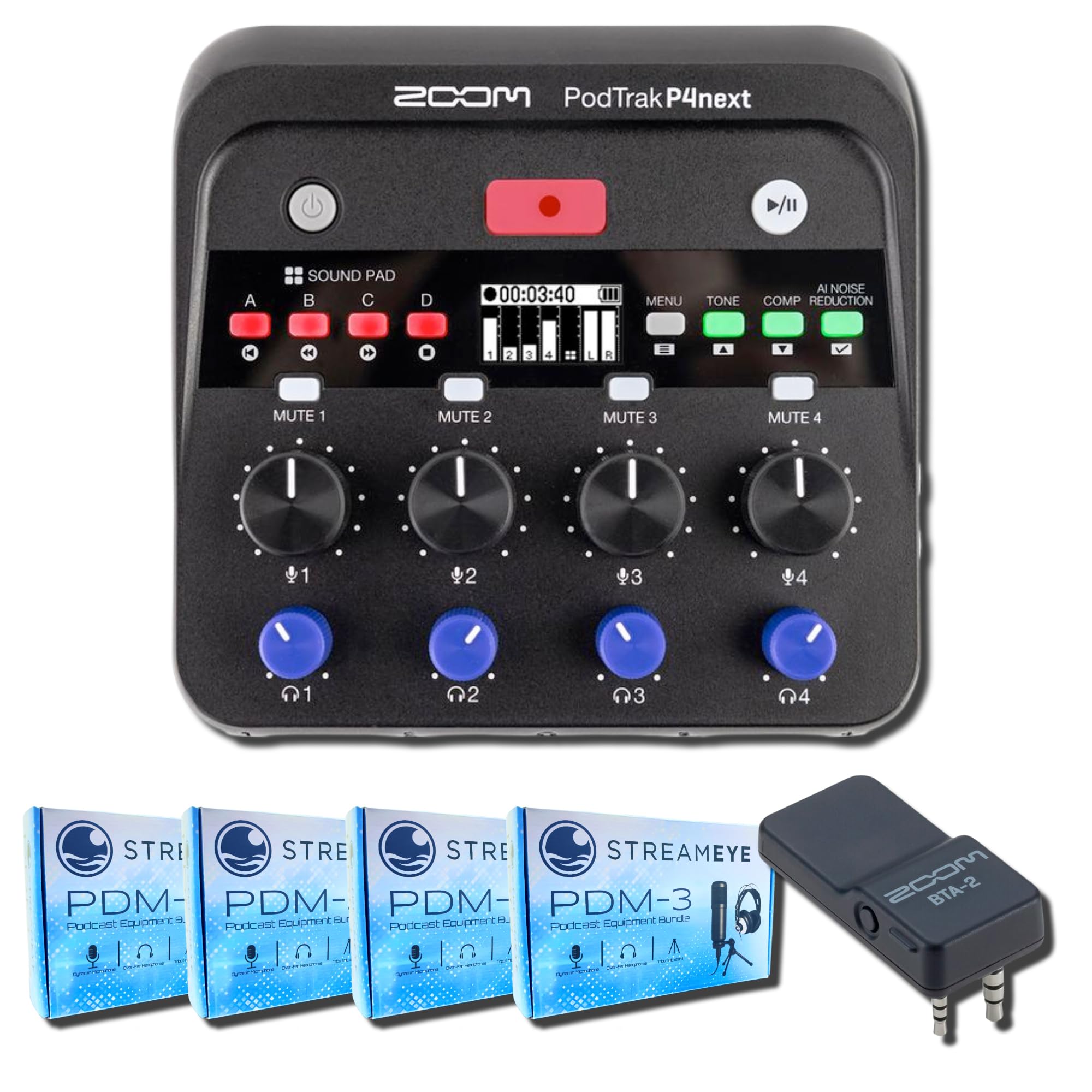 Zoom PodTrak P4next Audio Interface with BTA-2 Bluetooth Adapter and 4x StreamEye PDM-3 Podcast Equipment Bundle