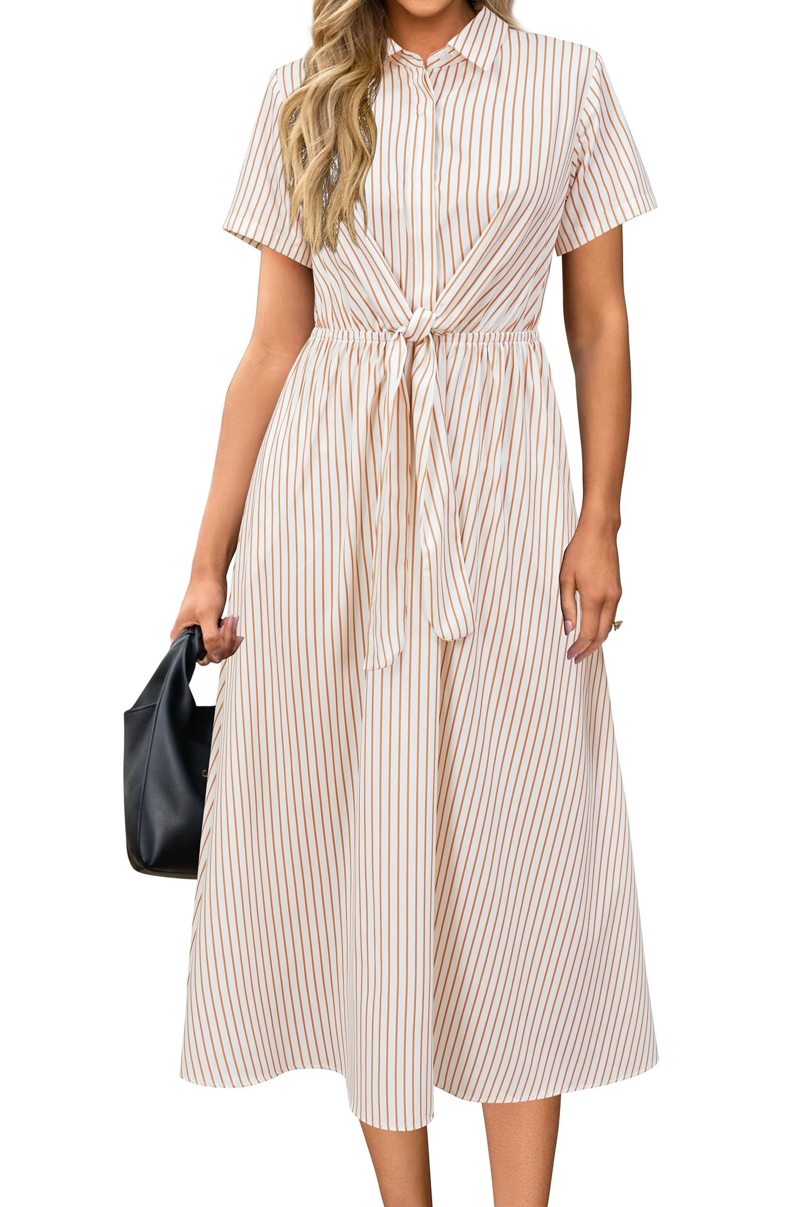 Newshows Women's Work Business Casual Outfits Tie Waist Midi Shirt Dress