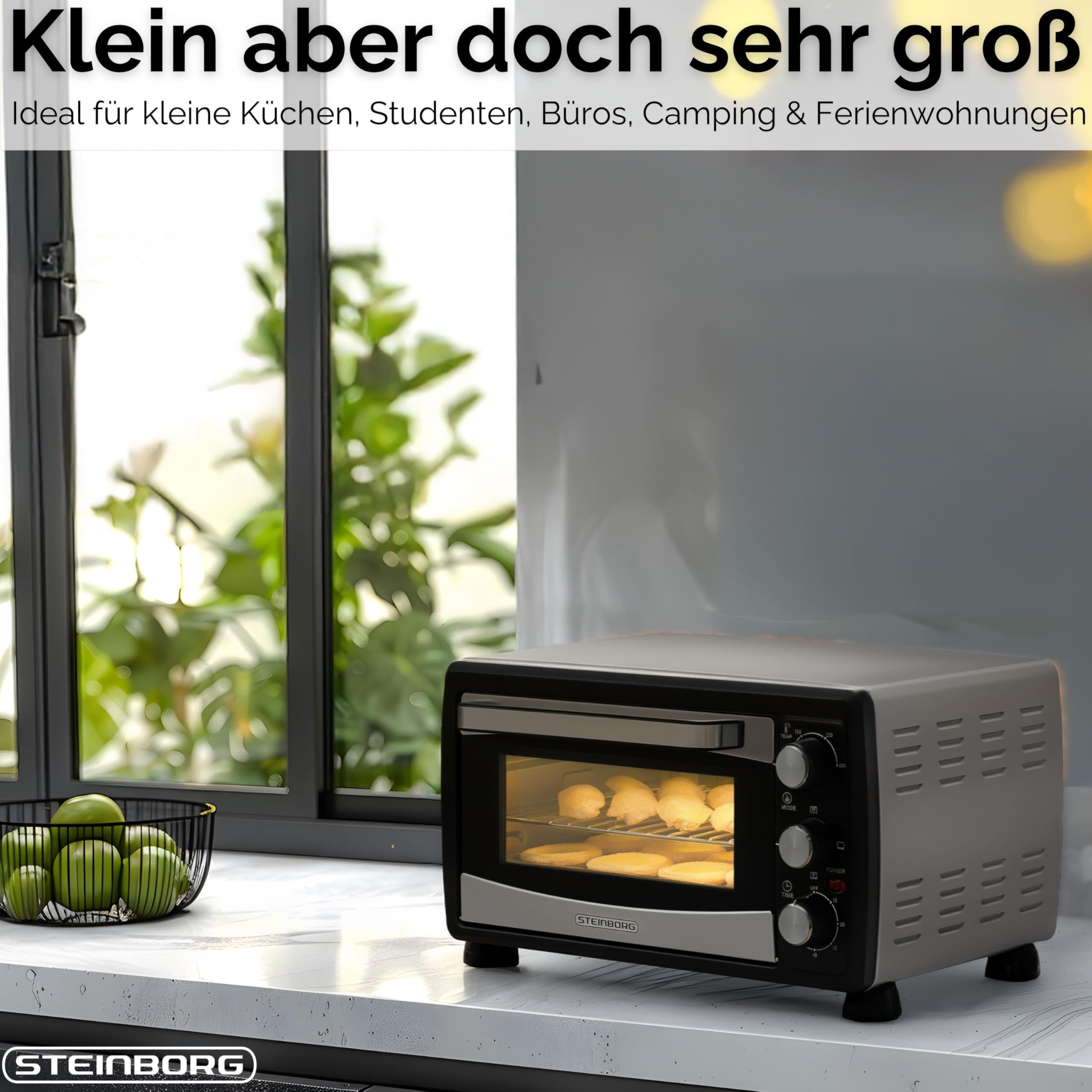 Steinborg Mini piekarnik konwekcyjny, 20 l, piec do pizzy, konwekcja, grzanie górne i dolne, 1400 W, mini piekarnik z timerem, mały piec kempingowy lub