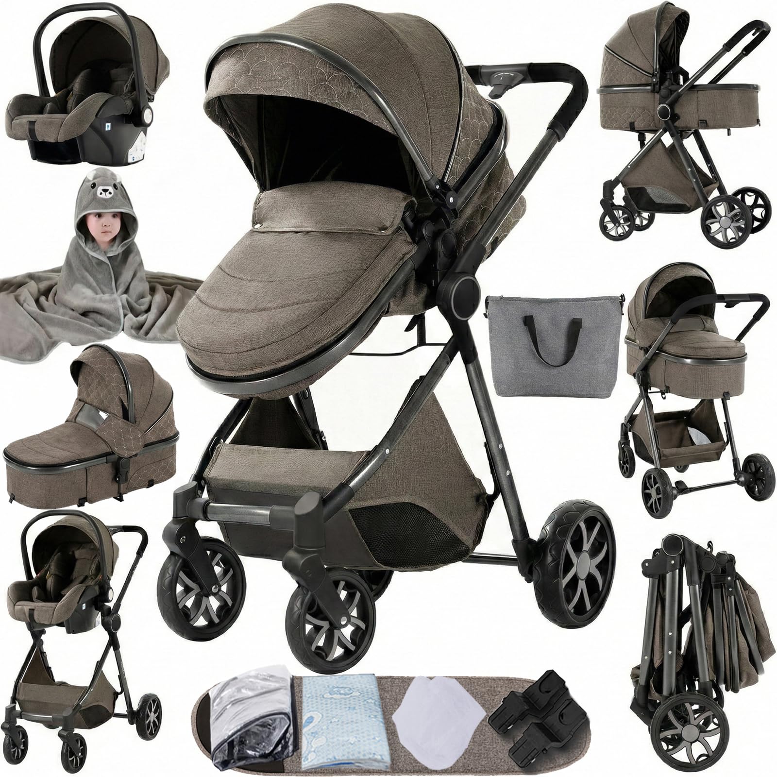 MoLi Poussette 3 en 1, Pousette Bebe avec Mode Double Poussée Réversible, Pousette Citadine Nacelle Grande, Poussette Combinée Cadre en Alliage d'aluminium Pliable Haut Paysage (225 Chocolate)