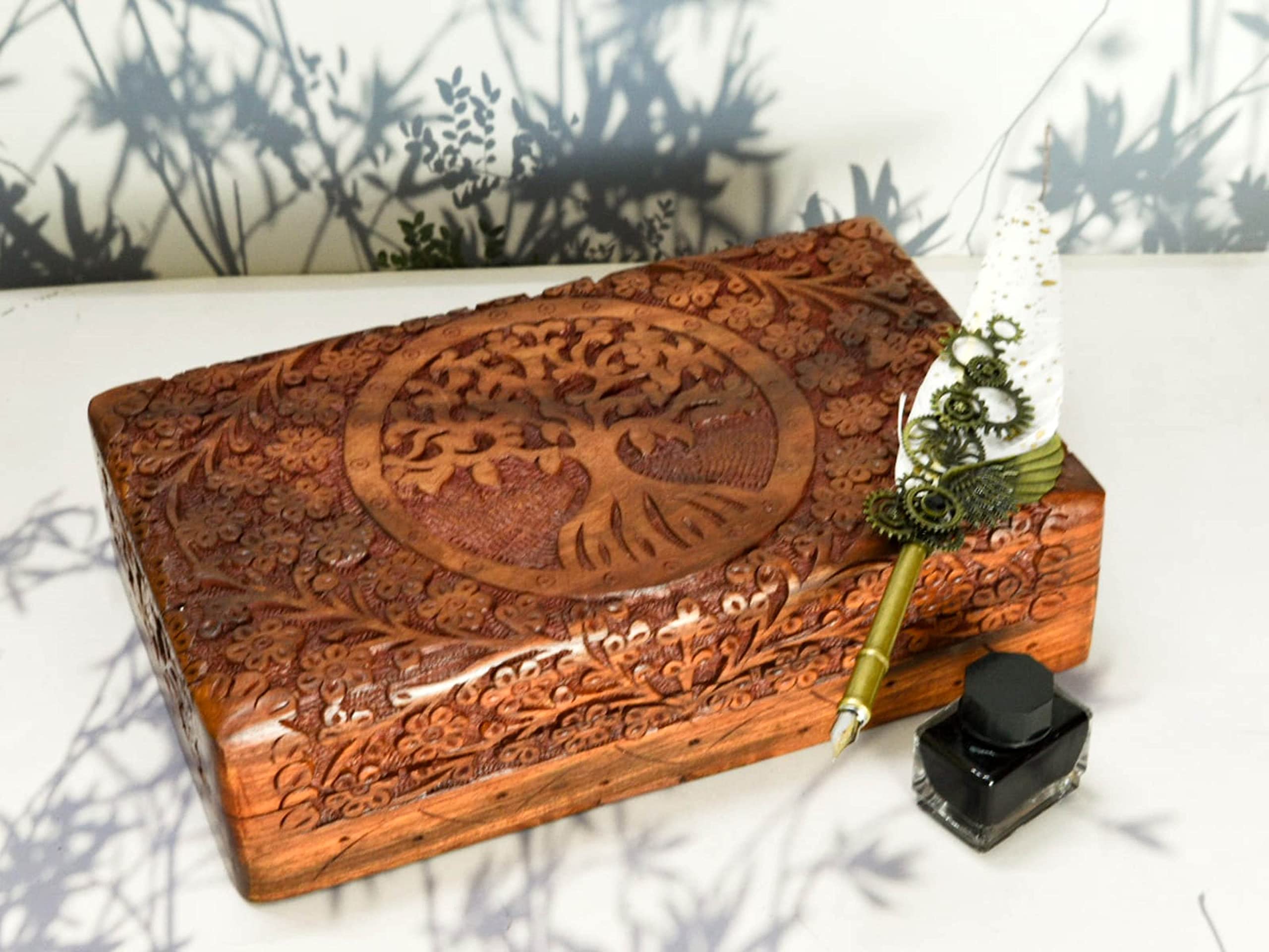 India House-Hand Engraved TREE OF LIFE Wooden Box Keepsake Jewelry Organizer &Storage (Design 13), Tree of Life- 10x6 Inch - Image 4