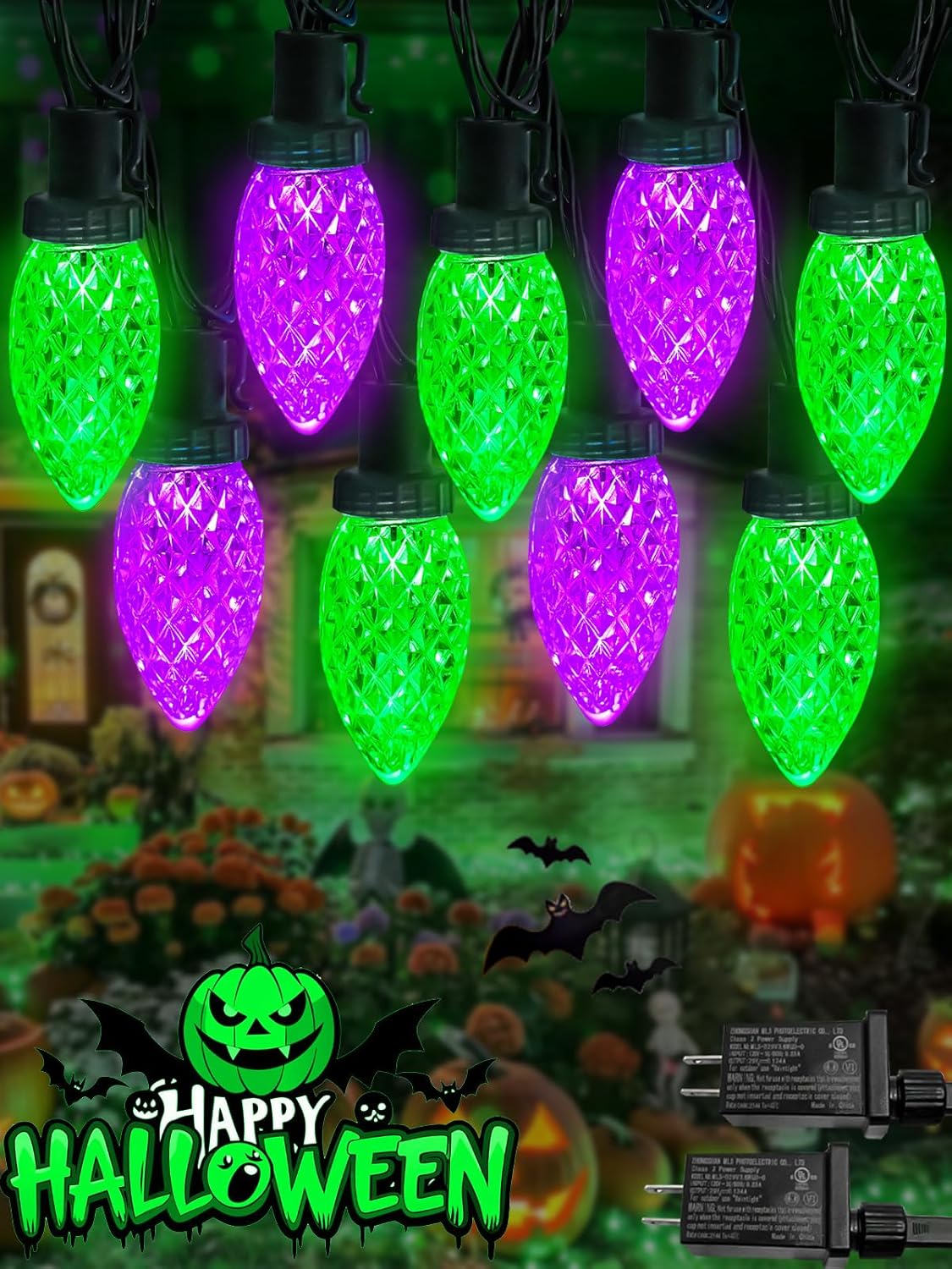 2 Pack 100LED Purple and Green C9 Halloween Lights Indoor Outdoor, 66 FT String Lights Extendable Waterproof Plug in LED Strawberry Lights Halloween Decorations for Black Tree Garden Patio Party Yard