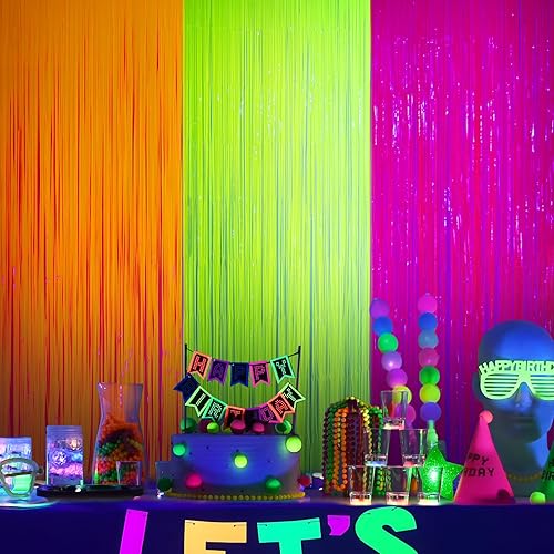 Miniatura 5 de Mega-L - Suministros de fiesta que brillan en la oscuridad, paquete de 3 decoraciones de fiesta de neón de 9.9 x 6.6 pies, cortinas de flecos
