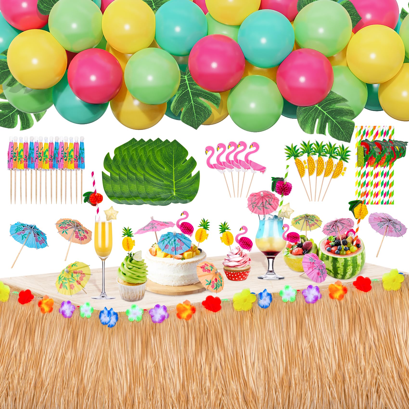 Set Decorazione Tavola Hawaiana - Gonna Tavolo 75x275cm + 73 Accessori Per Feste Tropicali - Foto 7
