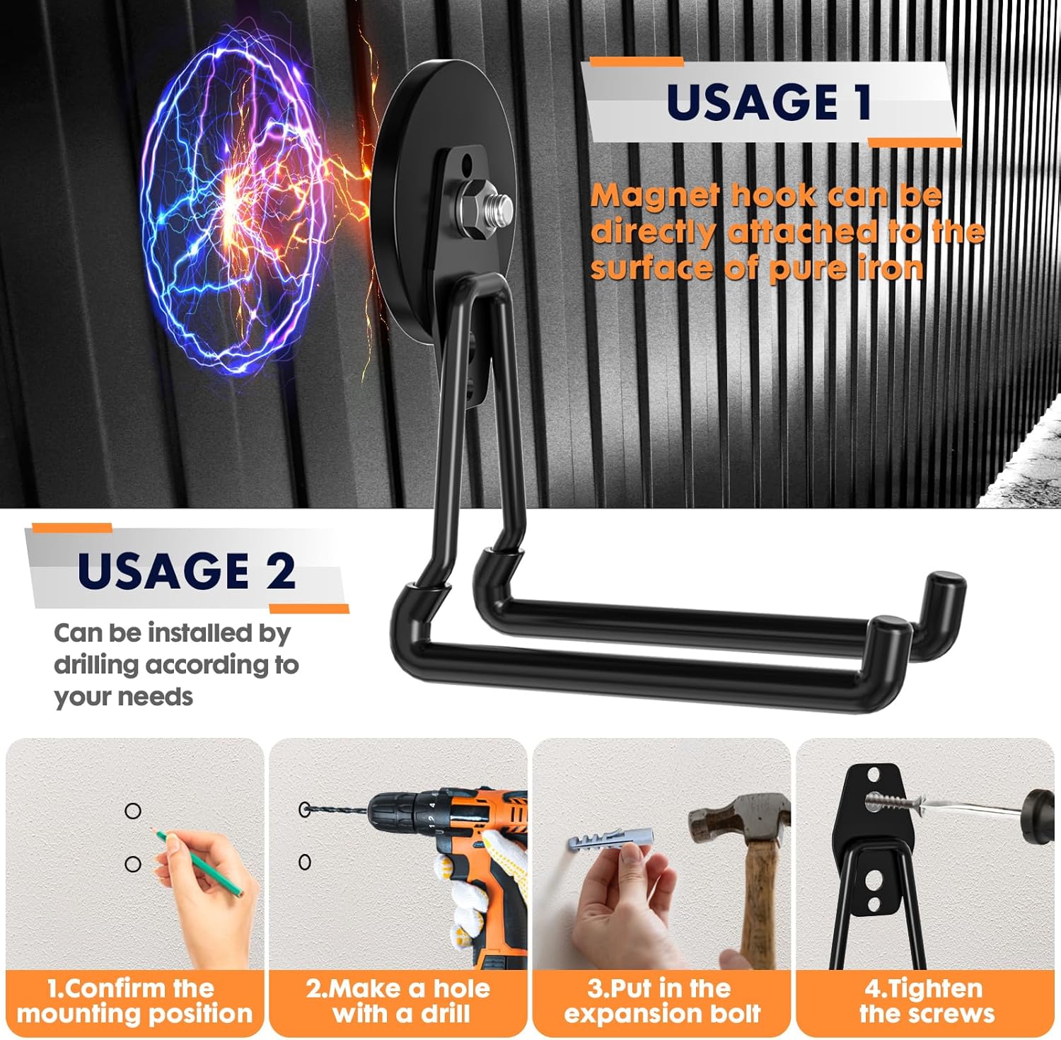 Heavy Duty Storage Magnetic Utility Hooks Large Garage Magnet Hooks with Anti-Slip Coating for Metal Cabinet,Pegboard,Garage Shelve,Garden Tools (Black3pro) - Image 4