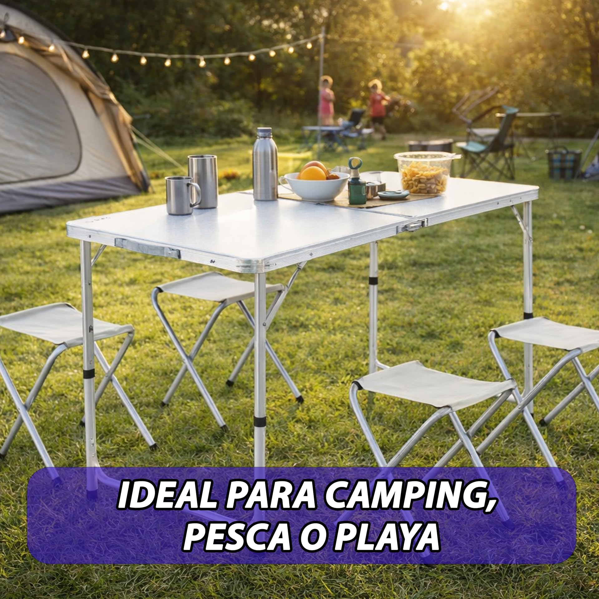 Weida Mesa Plegable Portátil con 4 Taburetes de Lona | Ideal para Camping, Playa, Pesca y Picnic | Diseño Compacto y Resistente | Montaje Rápido y Sencillo | Cómoda y Espaciosa | Color Blanco