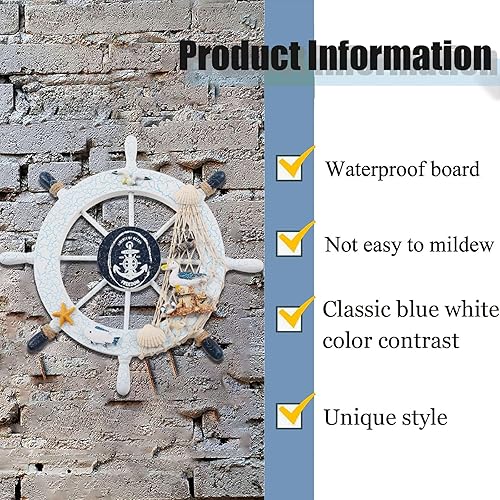 Miniatura 3 de Decoración para volante de barco, decoración de pared de timón de madera de 11 pulgadas, adornos de playa con red de pesca, patrones de gaviota,