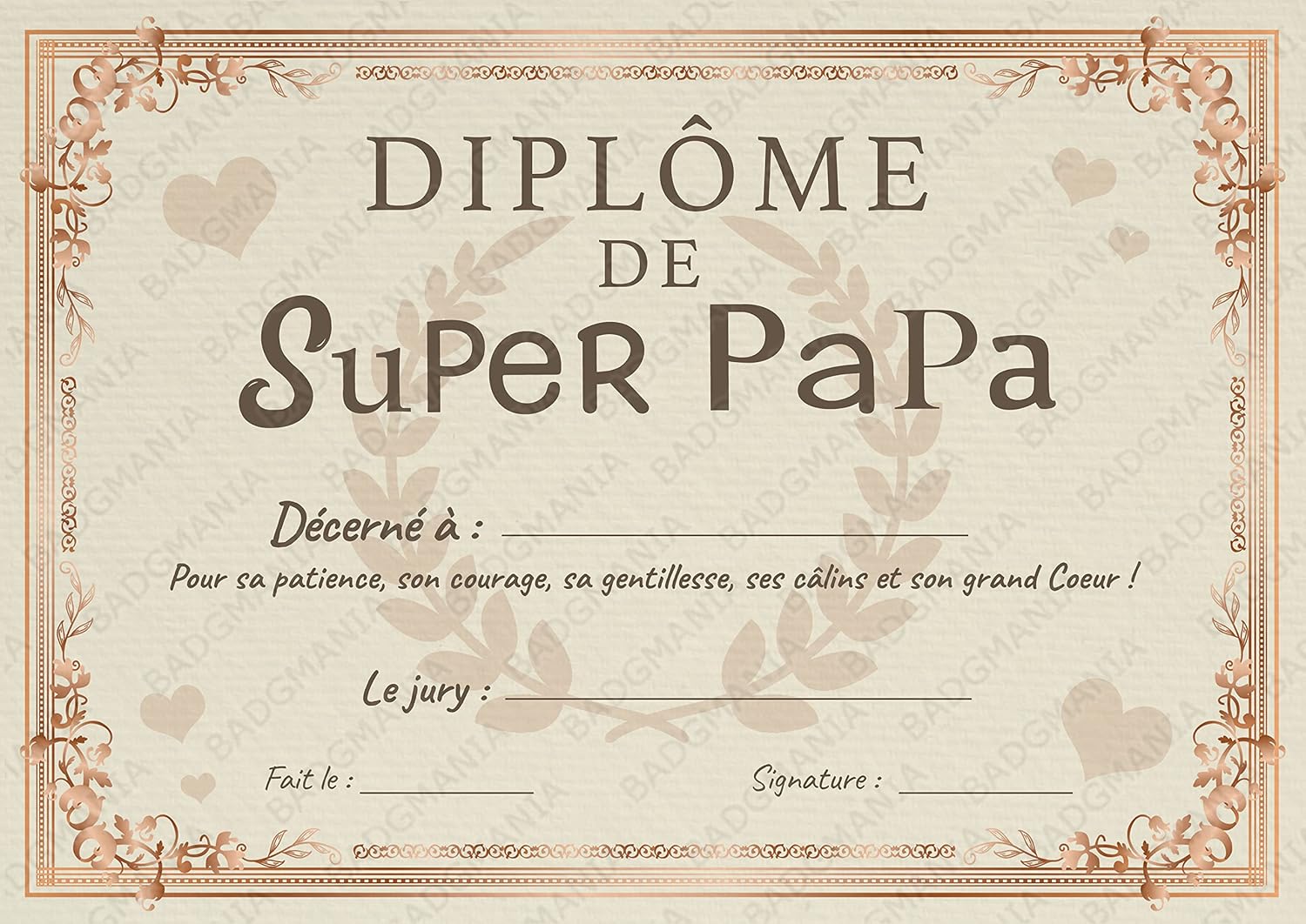 BADGMANIA Diplôme Certificat de Super Papa | Papier luxe cartonné 230g ...