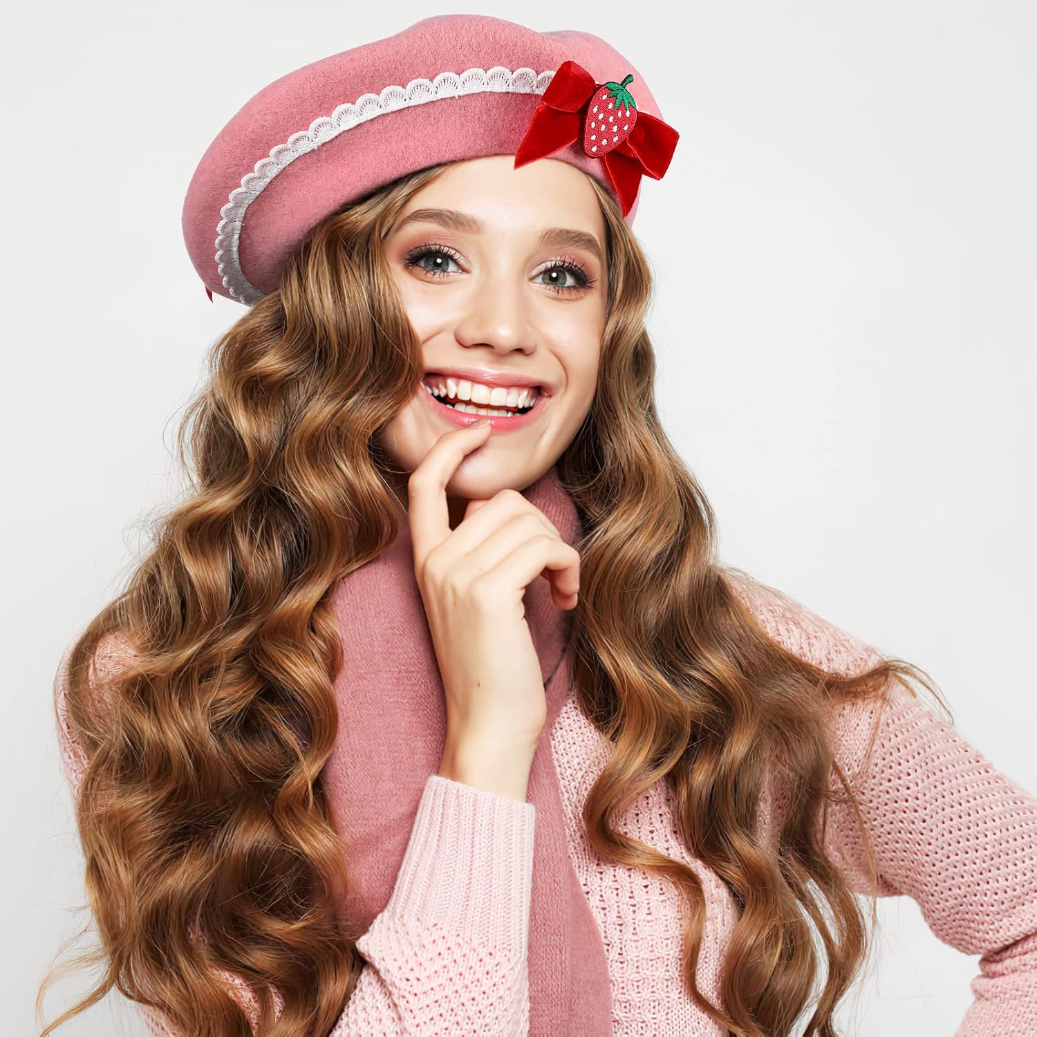 TOYANDONA Strawberry Beret Hat with Bowknot - French Style Pink Beret Hat Wool for Women and Girls