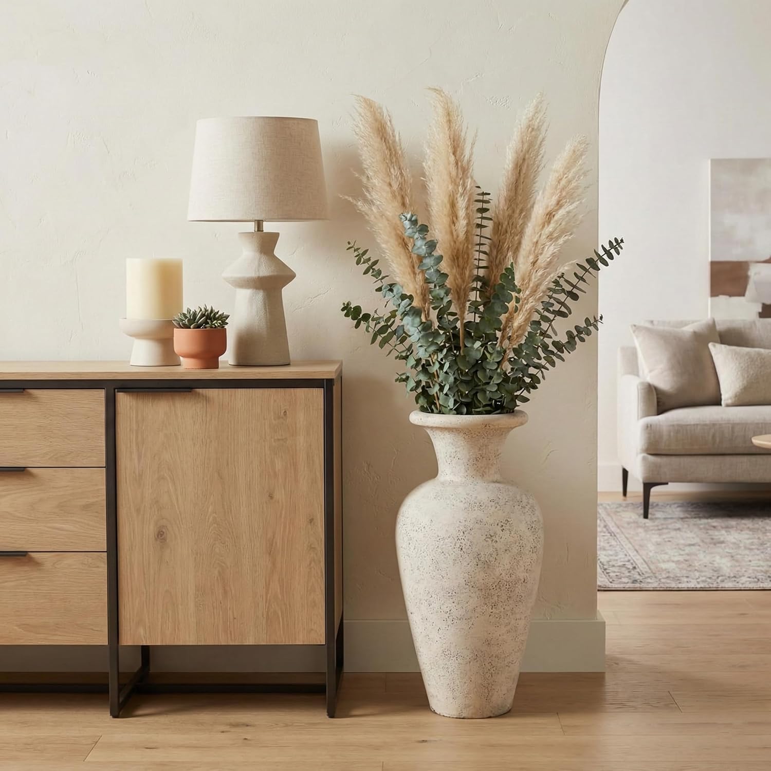 Handcrafted Speckled Vase for Living Room Decor - Terracotta Pottery Flower Vase for Home, Bedroom, House, and Office Decor - Flared Rim Home Style Accent for Table or Entryway Display - 24", White