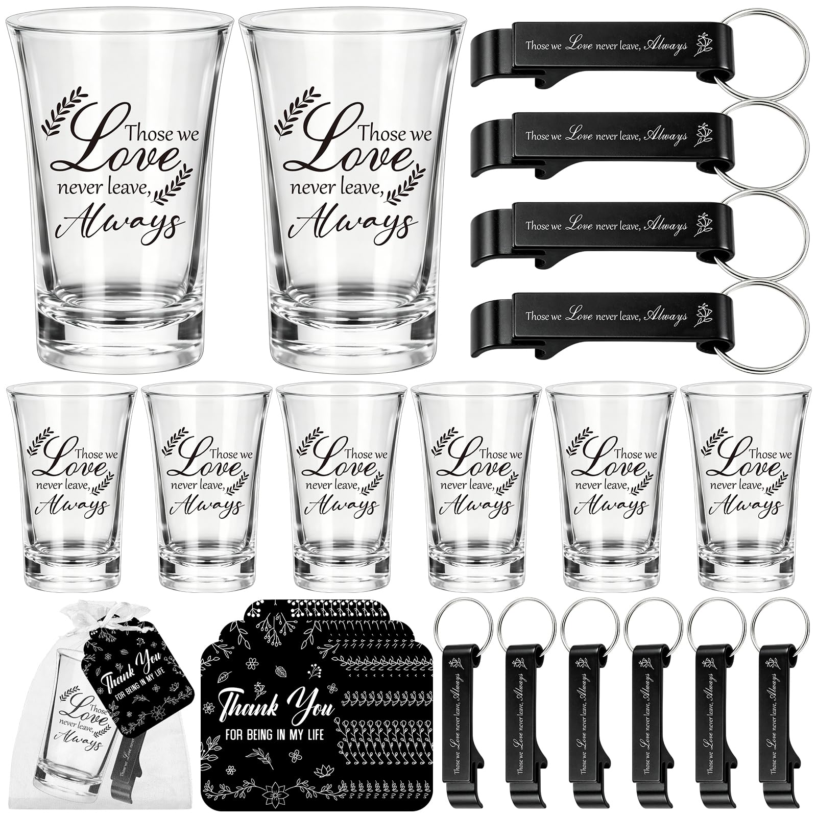 FUXIHUAYA 25 Sets Celebration of Life Favours Memorial Shot Glasses & Bottle Opener Keychains with Thank You Remembrance Tags, Funeral Wake Guest Keepsakes, Bulk Commemorative Gifts