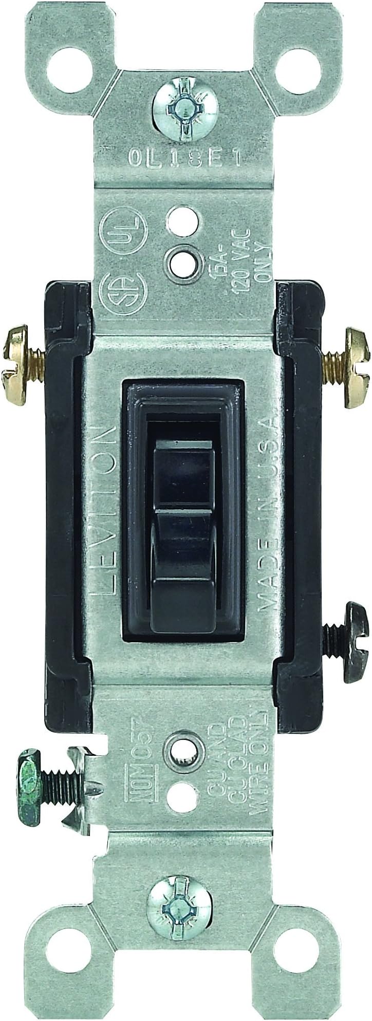 Leviton 15 Amp, 120 Volt, Toggle Framed 3-Way AC Quiet Switch, Residential Grade, Grounding, Quickwire Push-In & Side Wired, 1453-2E, Black