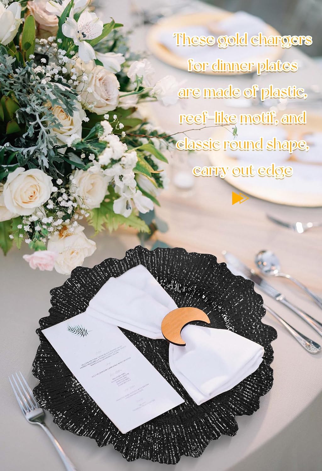 50 Pcs Black Charger Plates 13" Round Charger Plates Bulk Reef Chargers for Dinner Plate Decorative Black Plastic Chargers Plate for Wedding Party Event Baby Bridal Shower Dinner Table Decoration