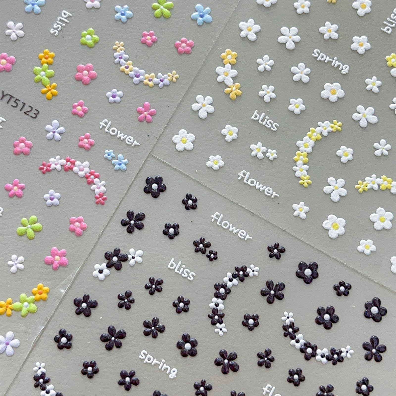 3 Sheets 5D Embossed Flower Nail Art Sticker Self-Adhesive Flowers Nail Decals Engraved Floral Summer Nails Sticker Acrylic Nail Art Decoration for