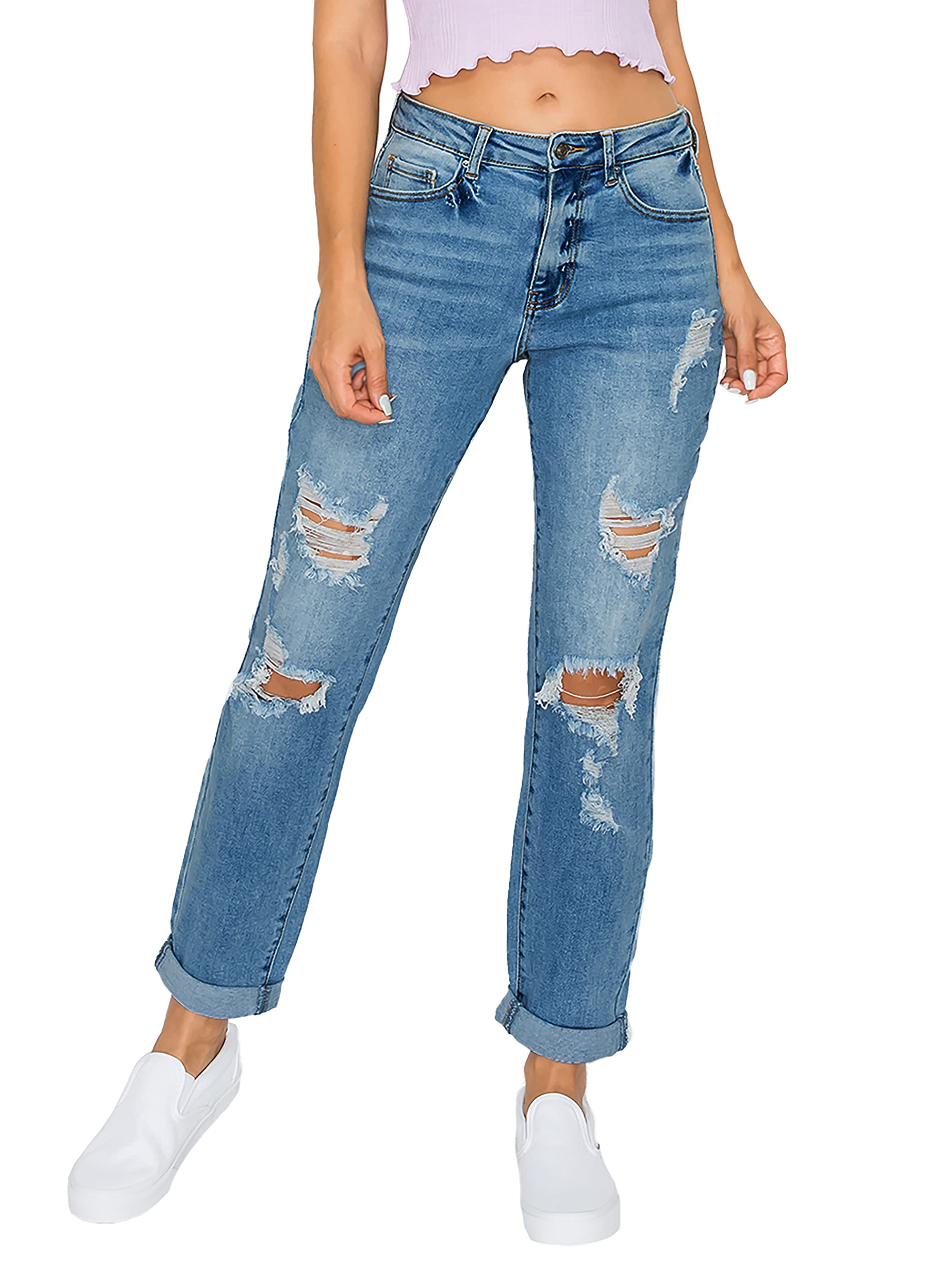 wax jean Women's Boyfriend Jeans with Destructed Blown Knee and Rolled