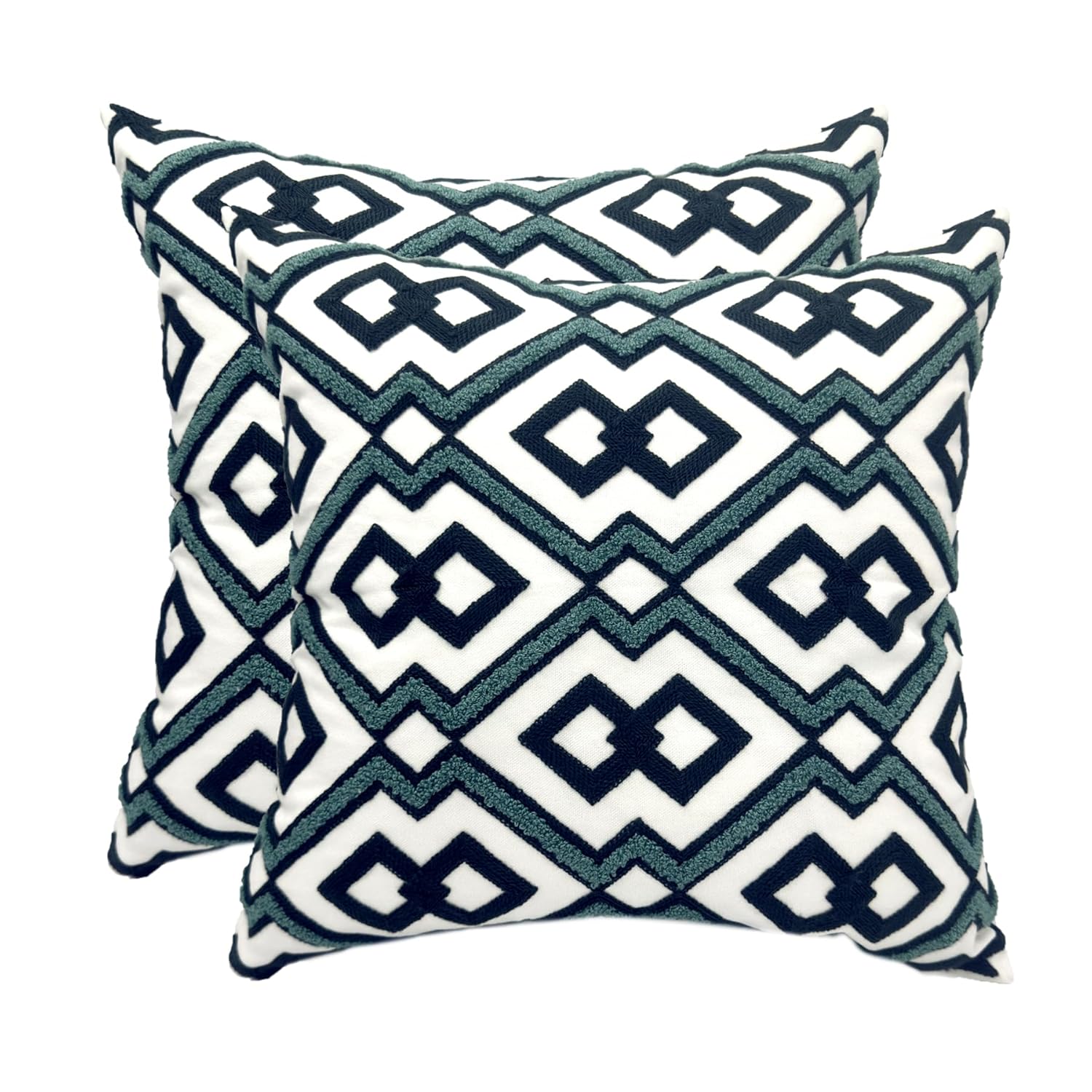 Alysheer Embroidered Decorative Throw Pillow Cover 18x 18 Set of 2 Classic Boho Geometric Embroidery Pattern Cotton Square