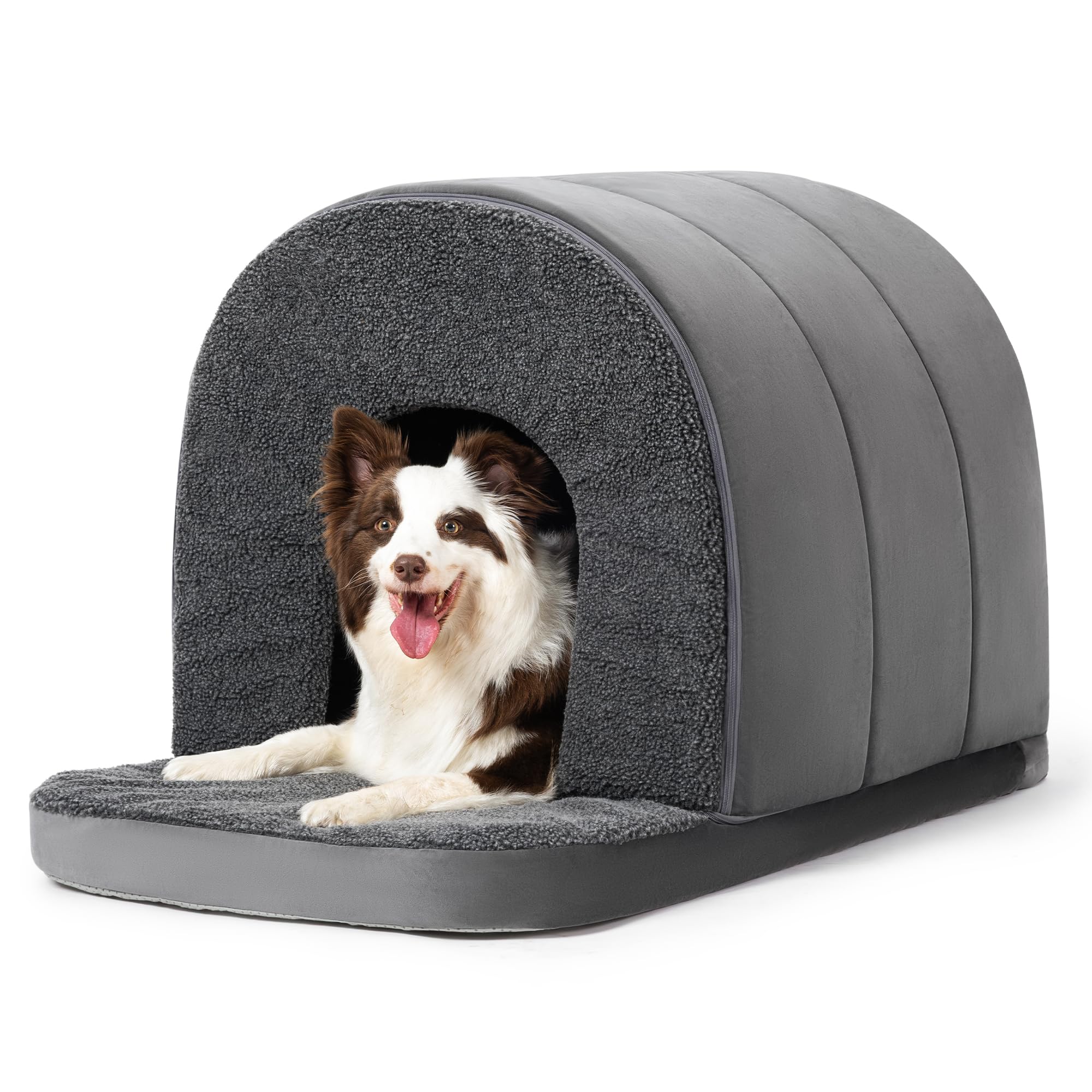 PELZIN Orthopedic Dog Bed House with Cover Cave - Indoor Dog House with Egg-Crate Foam - Porched Pet Shelter - Ideal for Large Breeds & Fits 91cm Crate - 89x59cm