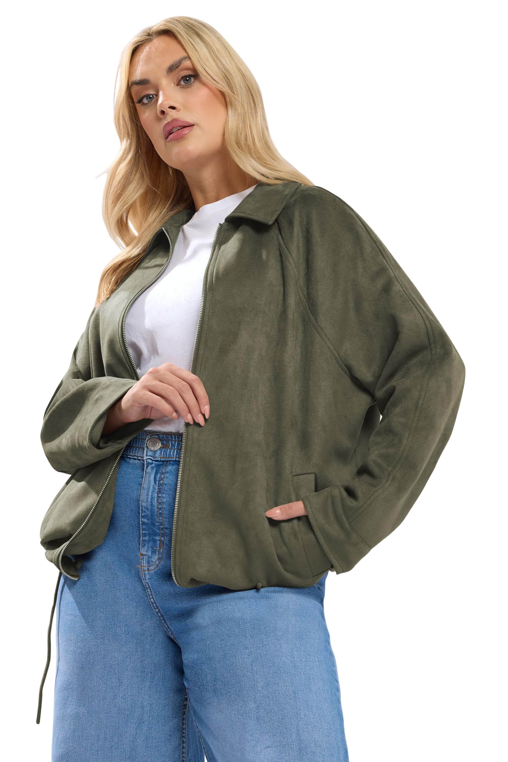 Yours Women's Khaki Curve Green Faux Suede Bomber Jacket - Plus Size Curve