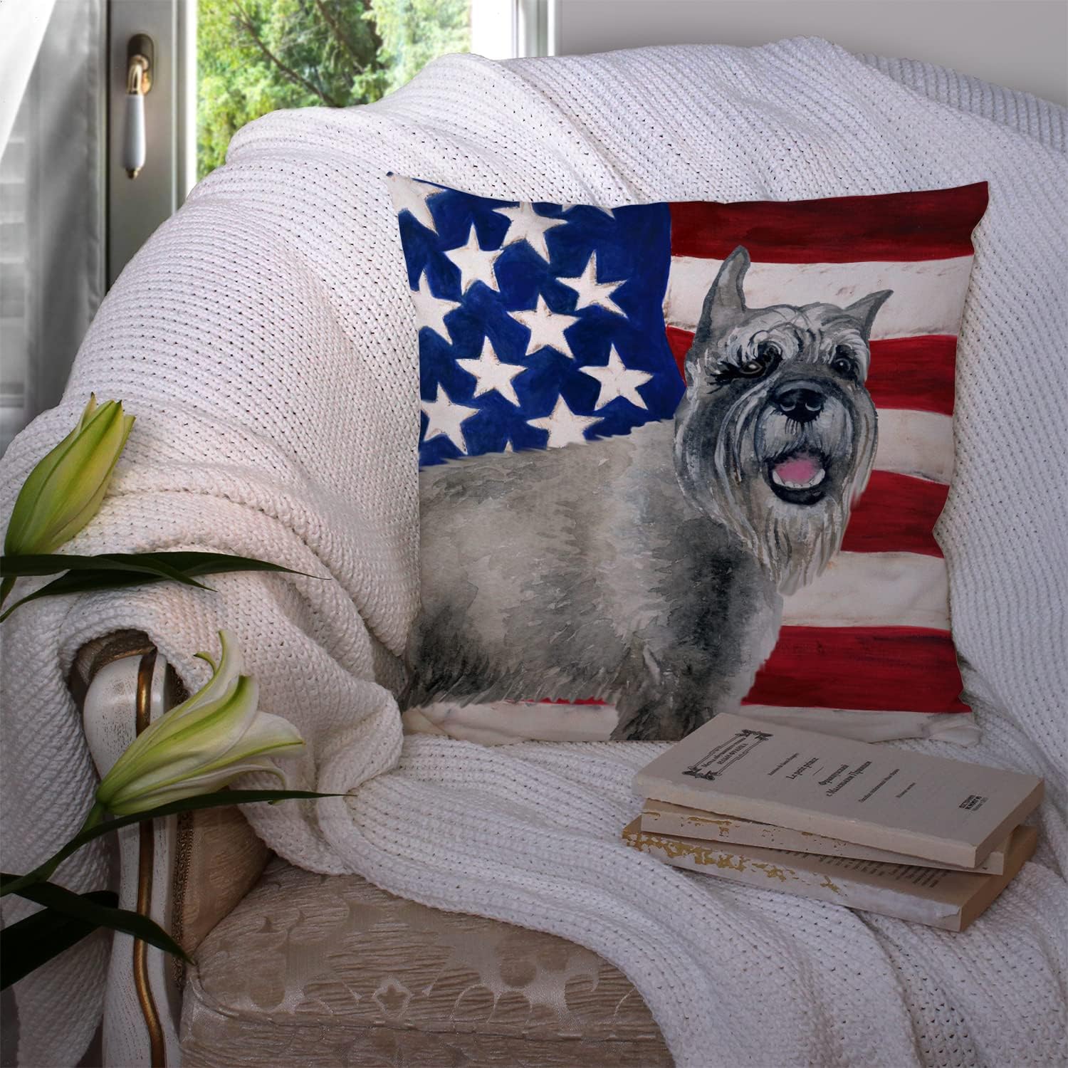 Caroline's Treasures BB9662PW1414 Schnauzer Patriotic Fabric Decorative Pillow Machine Washable, Indoor Outdoor Decorative Pillow for Couch, Bed or Patio, 14Hx14W