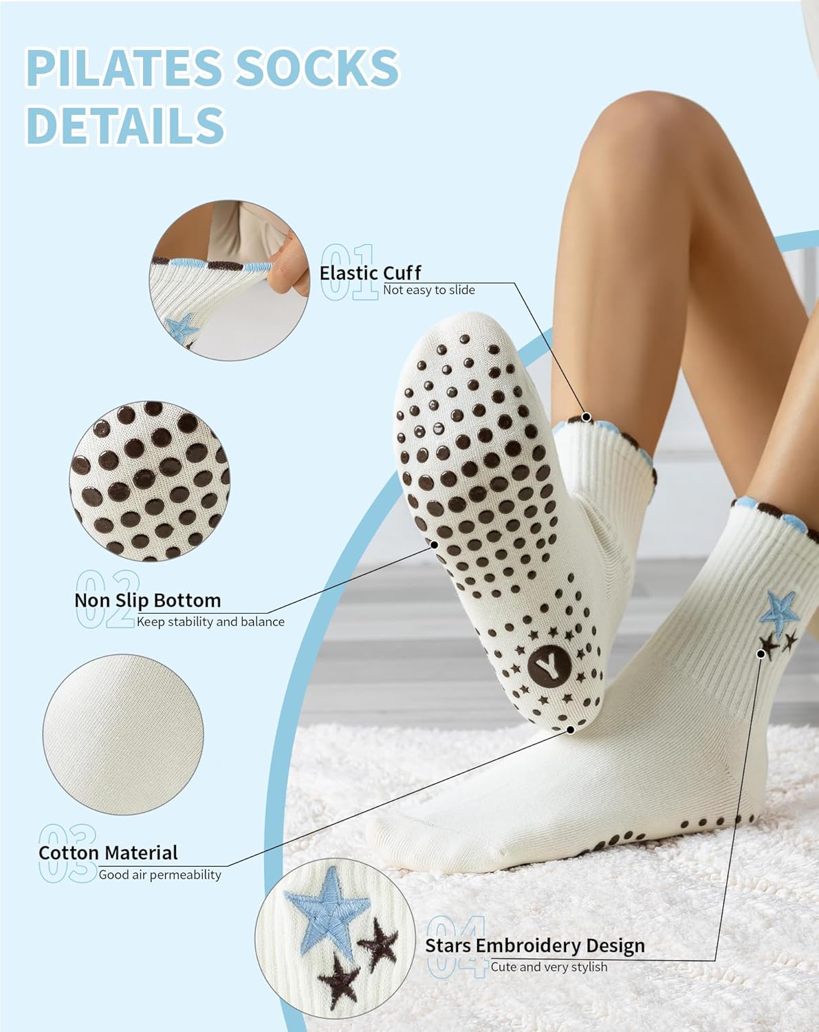 Yawlsow Pilates Grip Socks for Women Yoga Grippy Socks Cute Barre Non Skid Athletic Crew Sticky Sock Workout Hospital - Image 5