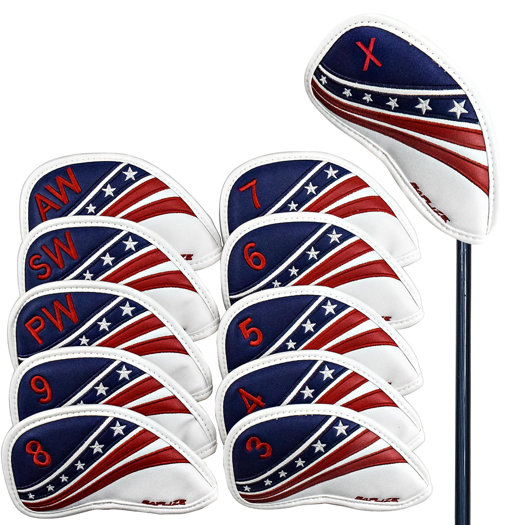 SAPLIZE Golf Iron Head Covers Magnetic 11 Pack, USA Flag Design Synthetic Leather Headcover Set for Irons – Weather Resistant Deluxe Golf Club Covers