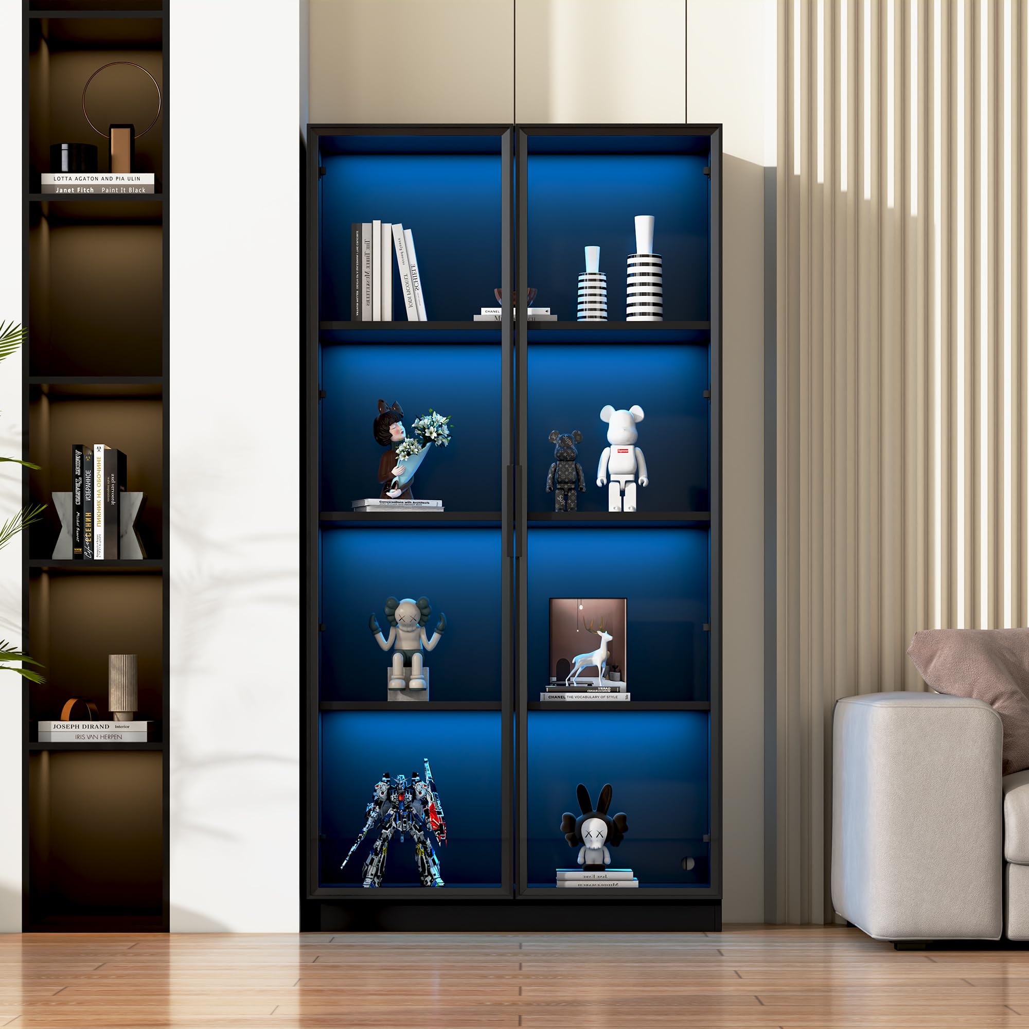 Glasvitrine mit APP LED Beleuchtung 80x40x160cm | Doppeltürige Standvitrine Schwarz | Wohnzimmer Vitrinenschrank | Verstellbare Böden | Smart Home Deko (Black-B)