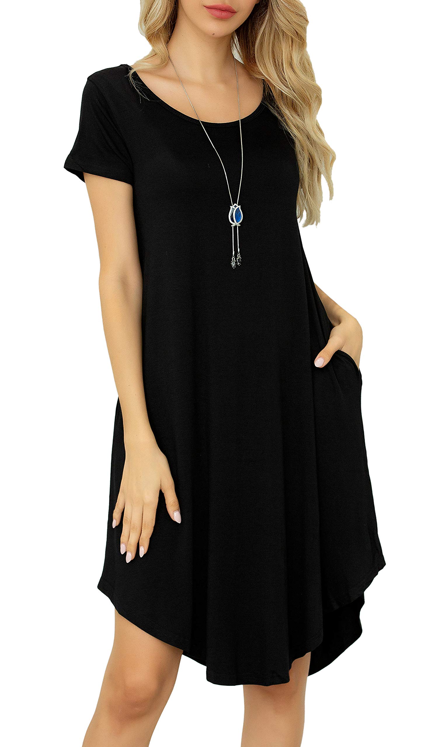 Women Casual Loose Soft Crewneck Short Sleeve Pockets Swing T-Shirt Dress