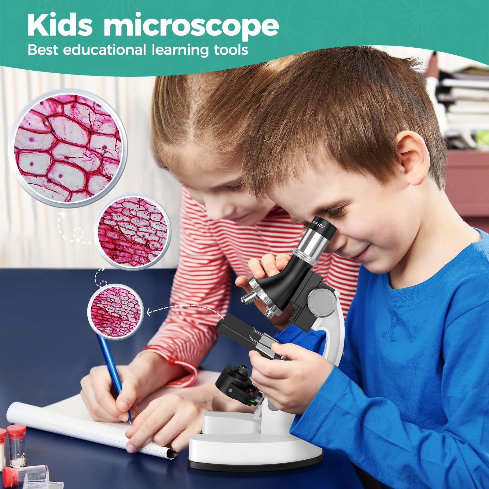 USCAMEL Microscopio Óptico 1200X para Niños - Kit Científico con Portaobjetos, Cuerpo Metal, LED y Maletín. Microscopio Compuesto Educativo - Regalo para Niños y Niñas