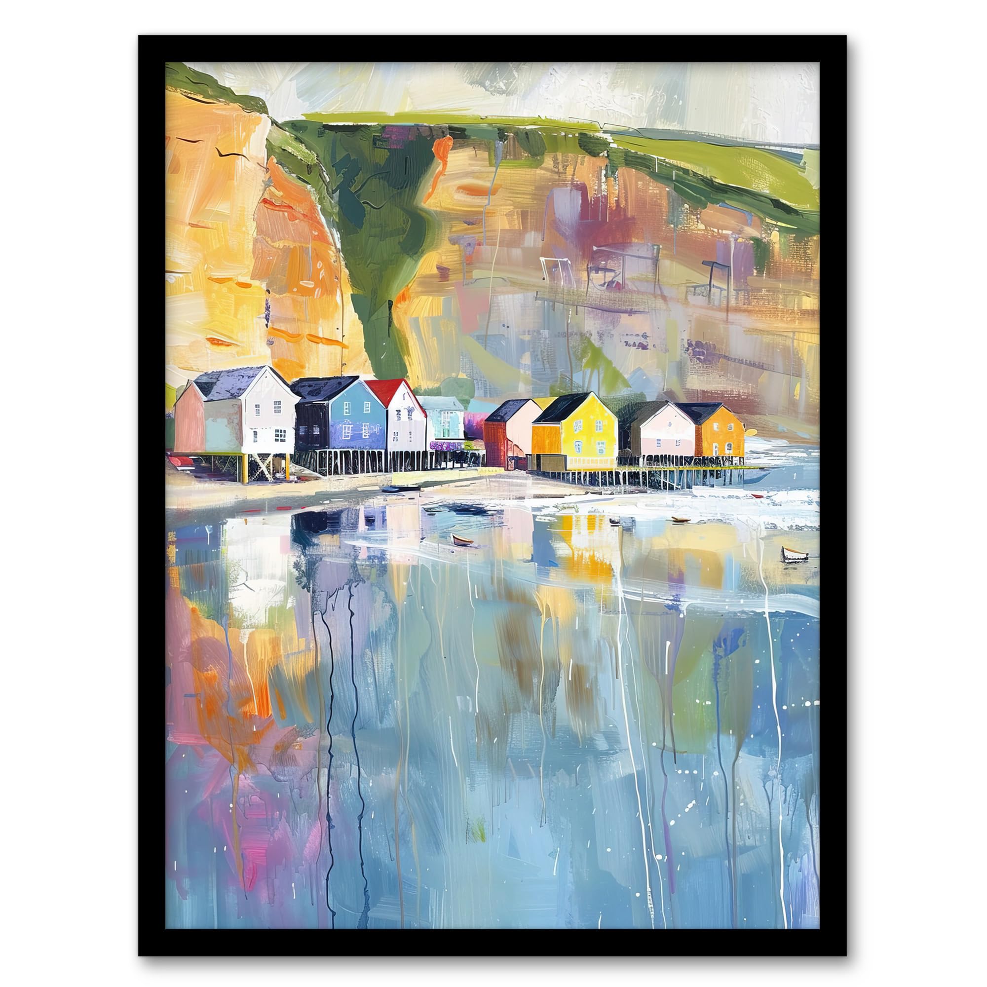Artery8 Colourful Quaint Cliffside Beach Chalets Painting Living Room Artwork Framed Wall Art Print 18X24 Inch