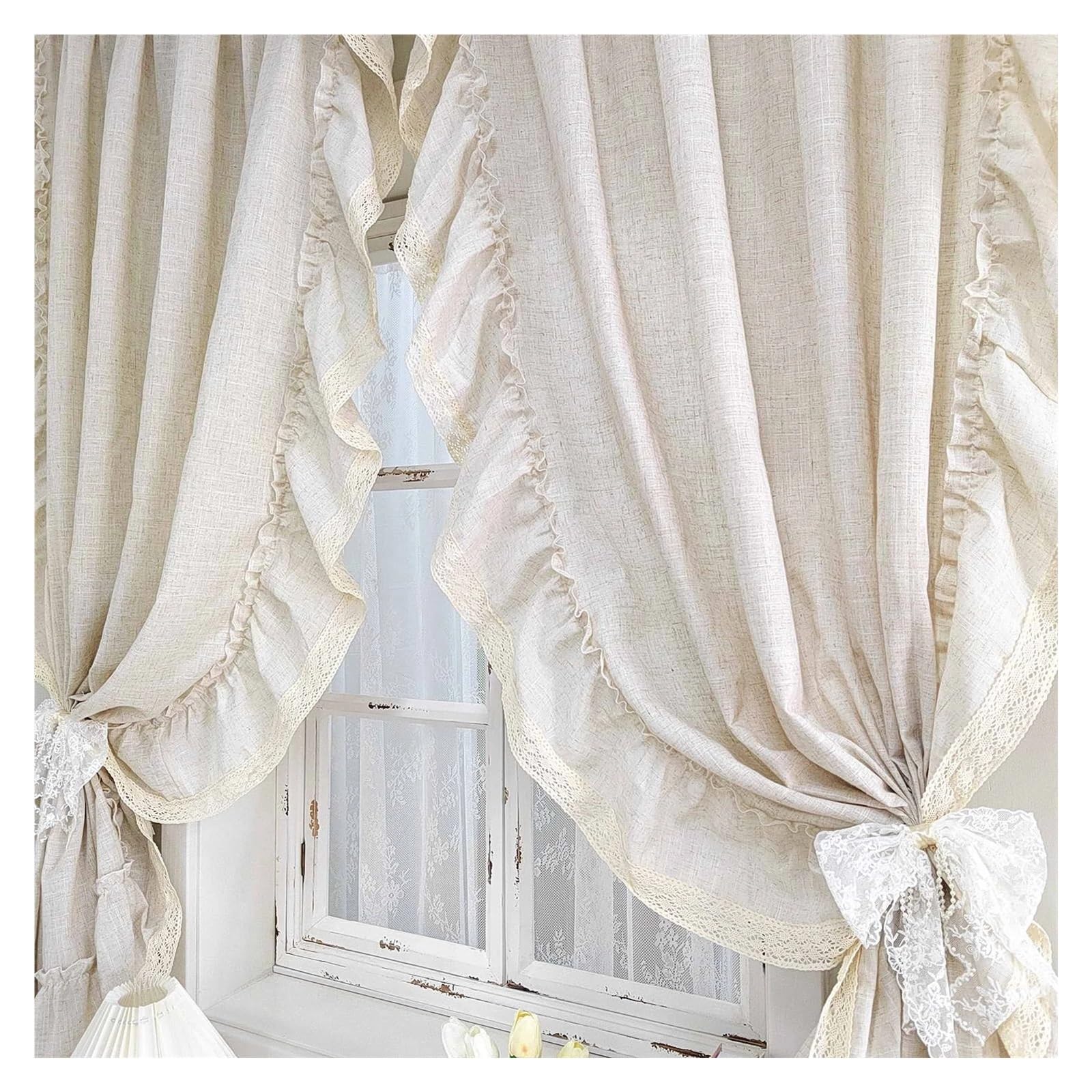 BGHYJKOL Ruffled Curtains Ruffle Semi Sheer Curtains, Plain Textured Vintage Farmhouse Curtain For Living Room, Bedroom, Study(1PC- W132 x H240cm)