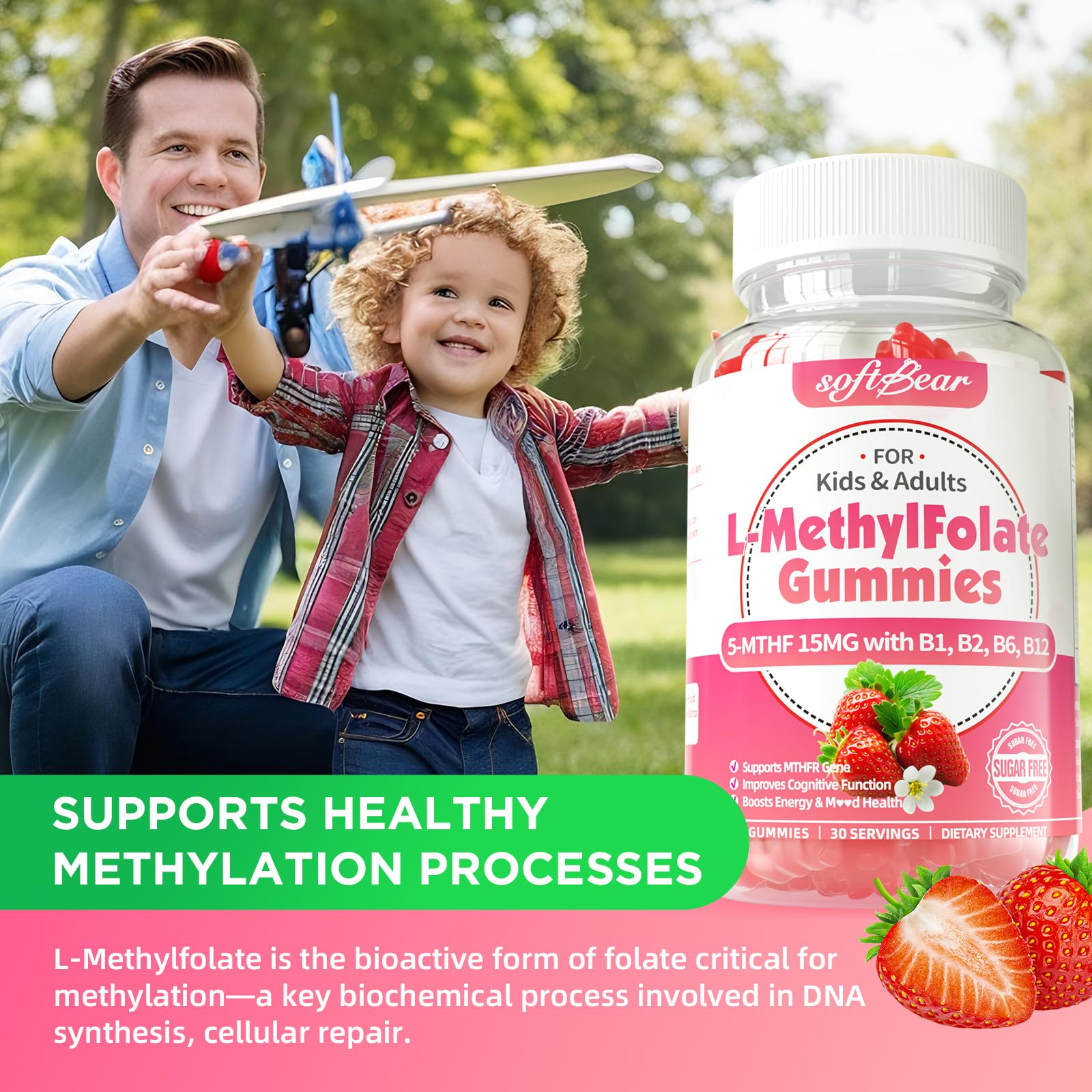 softbear L-Methylfolate 15mg Gummies for Kids & Adults, Organic Methylfolate Supplement 5-MTHF Plus Methyl B12, B1, B2, B6 Support MTHFR Gene, Cognition Function, Strawberry Flavor 60 Count — Amazon image 5