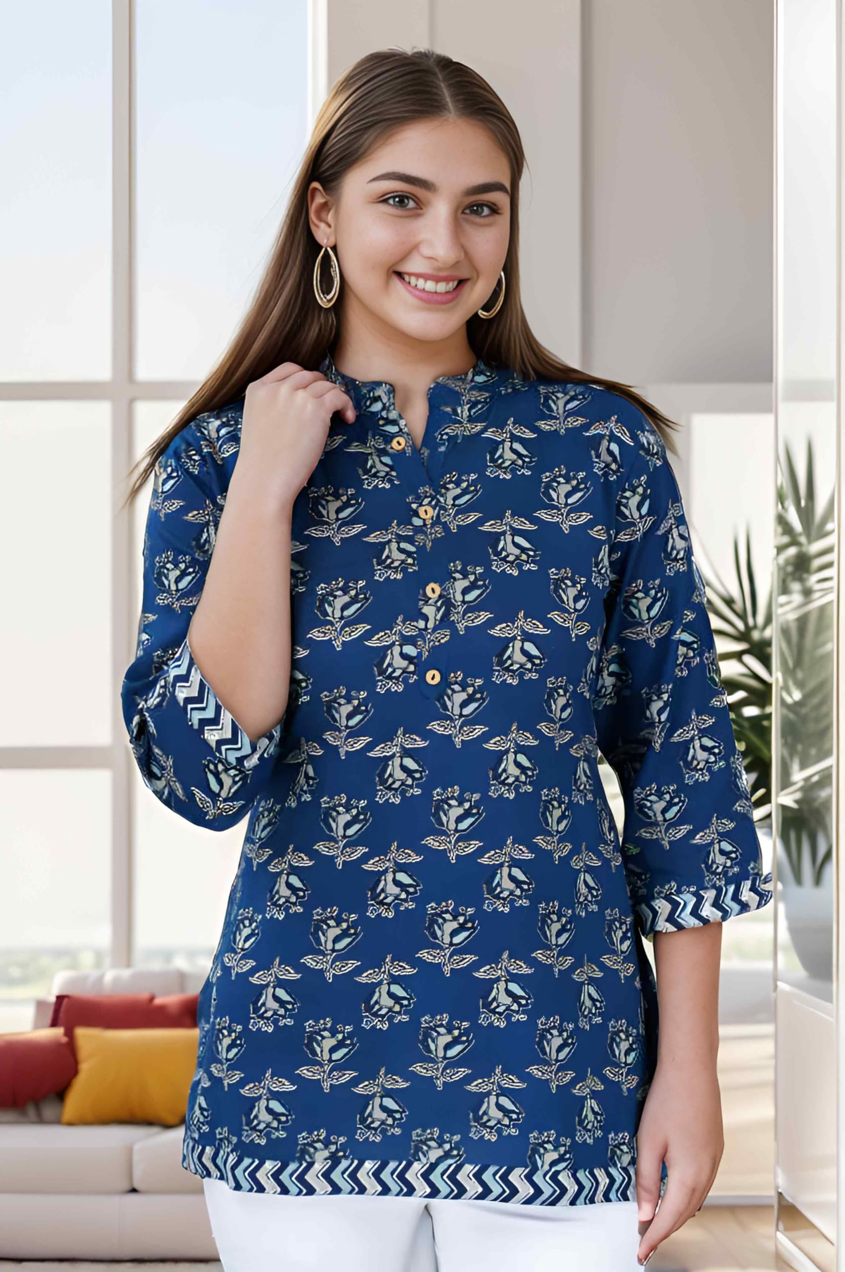 Jikonet Women's Regular Straight Short Kurti/Kurta - 529, (X-Large, Blue)