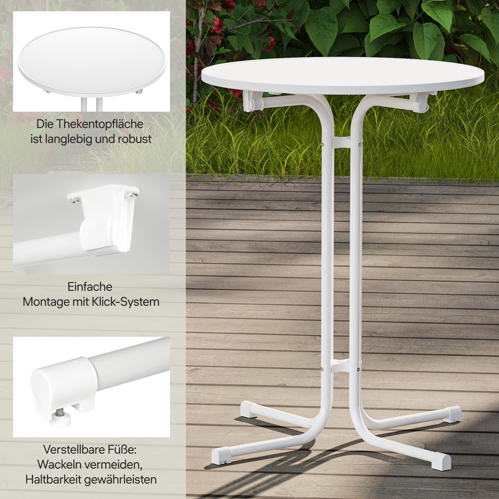 Stehtisch klappbar Bistrotisch, Klappbarer Runder Stehtisch Mit Abdeckung, Wetterfest Für Gärten, Bistro, Hochzeiten Und Outdoor Anlässe, weiß