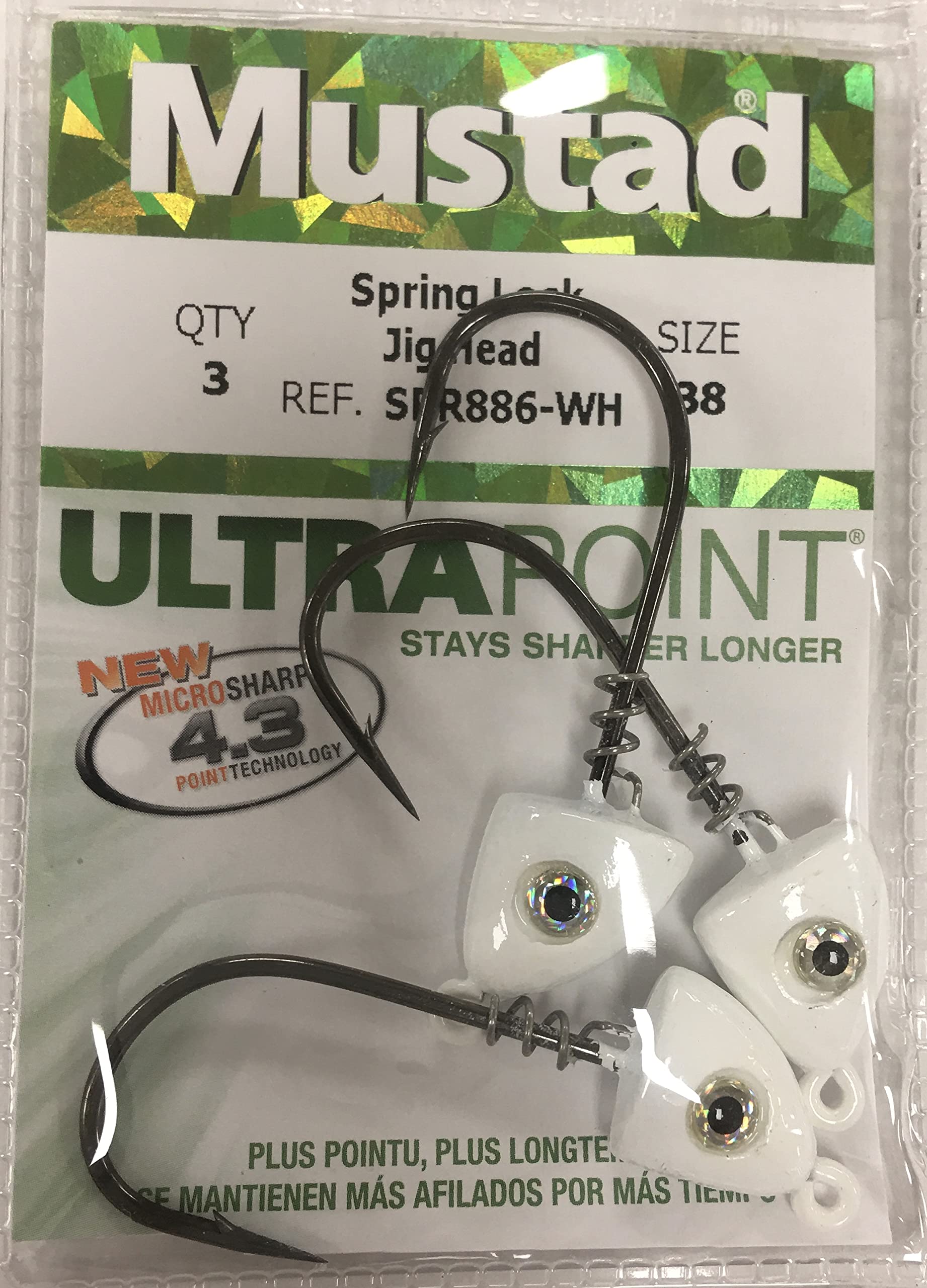 Mustad Spring Lock Jig Head 3/8Oz Hook Fishing Terminal Tackle (3 Pack), White, Size 4/0