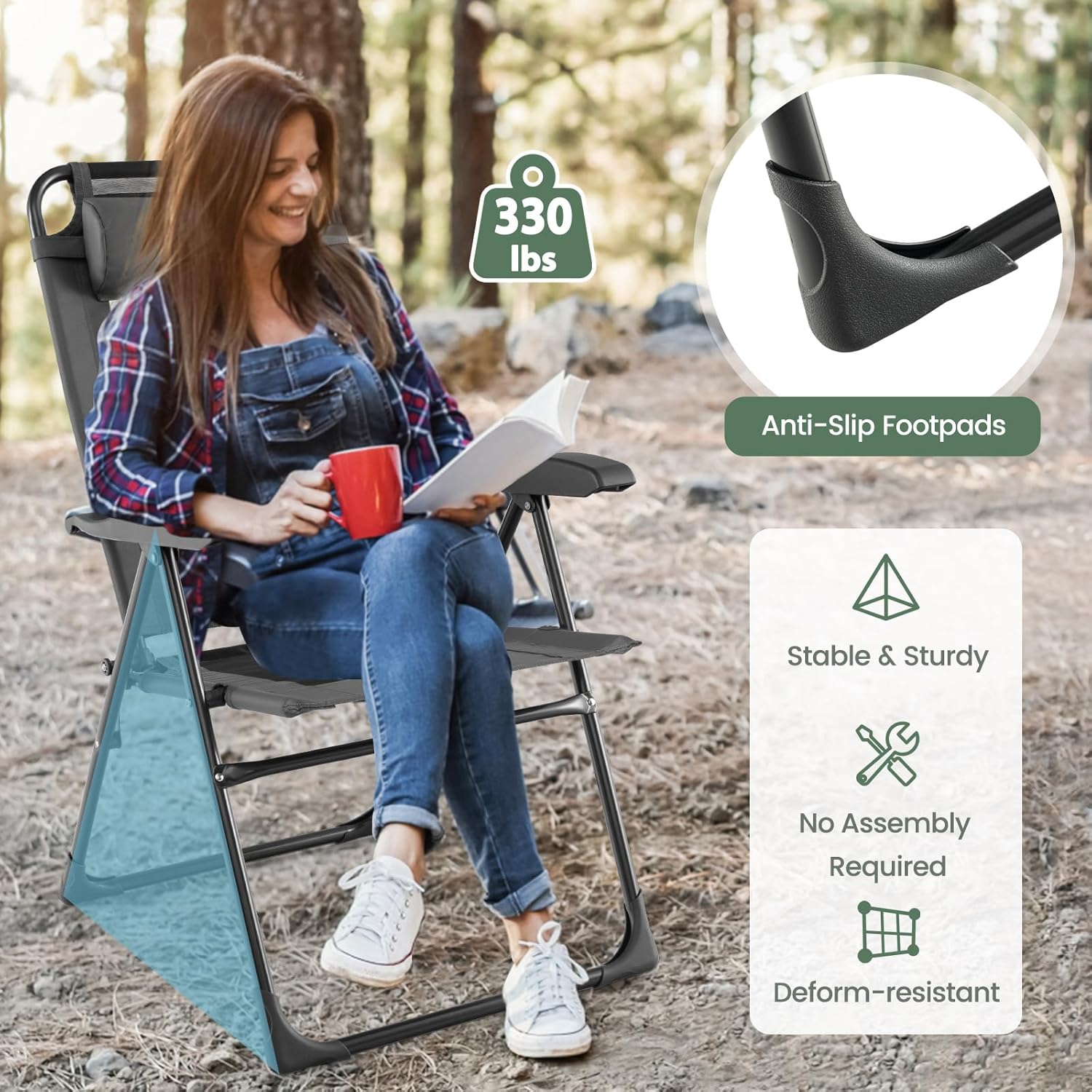 Tangkula Folding Patio Chairs Set of 2, Outdoor Dining Chairs with 7 Adjustable Backrest Positions, Breathable Mesh Fabric Seat, Metal Frame, Portable Reclining Camping Chairs for Patio Garden Yard