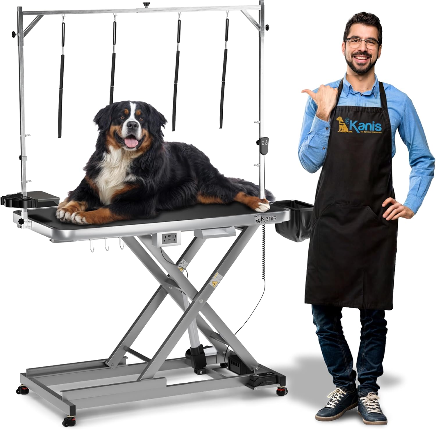Professional Electric Dog Grooming Table – Heavy Duty, Height Adjustable Pet Grooming Table w/Leveling Wheels, Dog Grooming Arm, Anti Slip Tabletop & Tool Organizer/Dog Grooming Station (49″, GREY)
