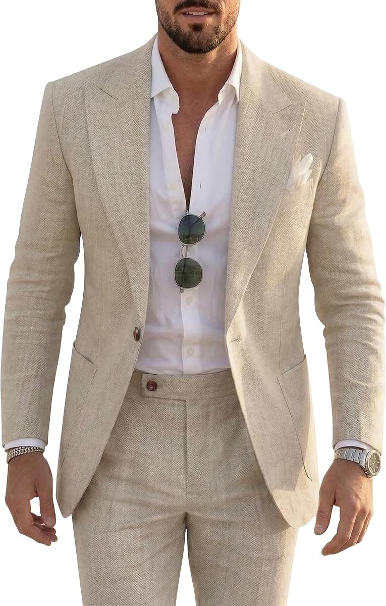 Traje de lino para hombre 2 piezas Trajes de boda de verano Chaqueta y pantalones