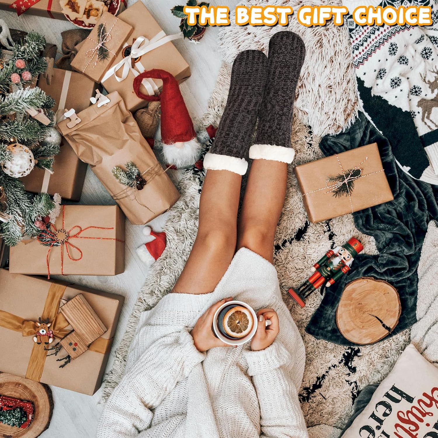 Womens Warm Slipper Socks Winter Knit Fuzzy Cozy Thick Fleece Lined Socks with Grippers Thermal Home Socks - Image 3