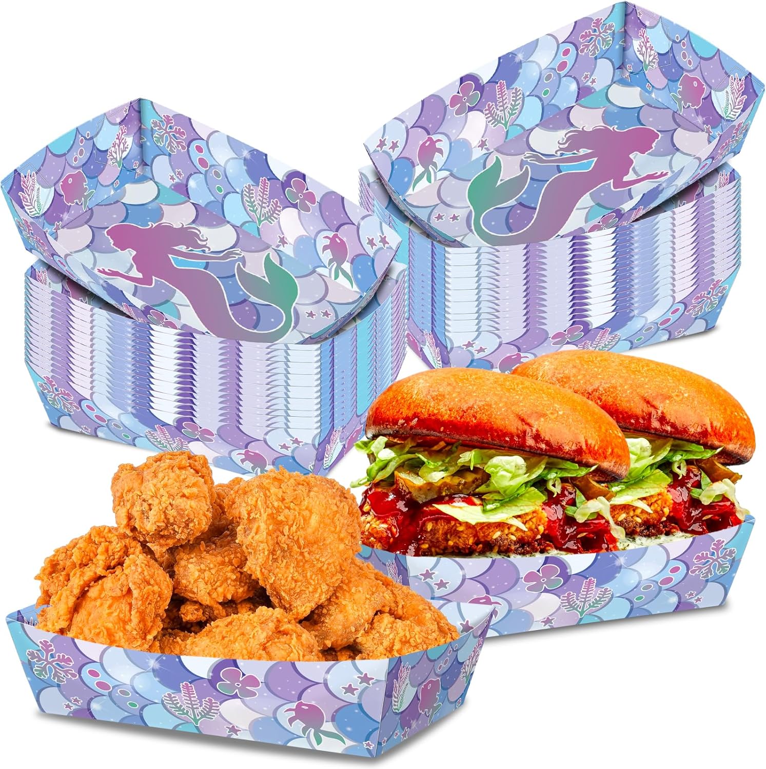 No Folding Required 100 Pack 2 Lb Mermaid Paper Food Trays Mermaid Plates Birthday Party Supplies Cartoon Themed Nacho Trays Paperboard Mermaid Hot Dog