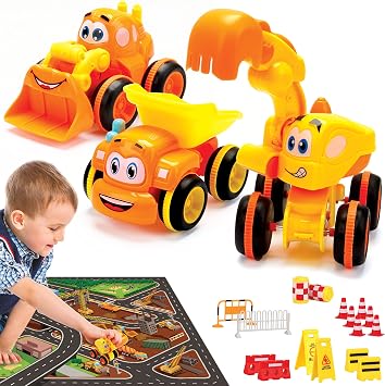 MOBIUS Toys Cartoon Builders Truck Set with Playmat & 16 Accessories 3-Pack Push & Go Construction Vehicles for Toddlers Ages 25 Dump Truck, Mixer, Bulldozer & Excavator, Gift Playset