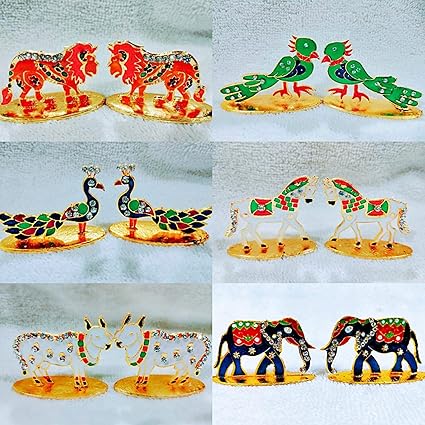 Brij Sugandha Laddu Gopal Toy Set of 6 Animal Toys Metallic Meena & Diamond Work- Peacock, Elephant, Kamdhenu Cow, Parrot, Lion & Horse Pair | Janamshtmi Decor of Laddu Gopal -The Kanha Store (Small)