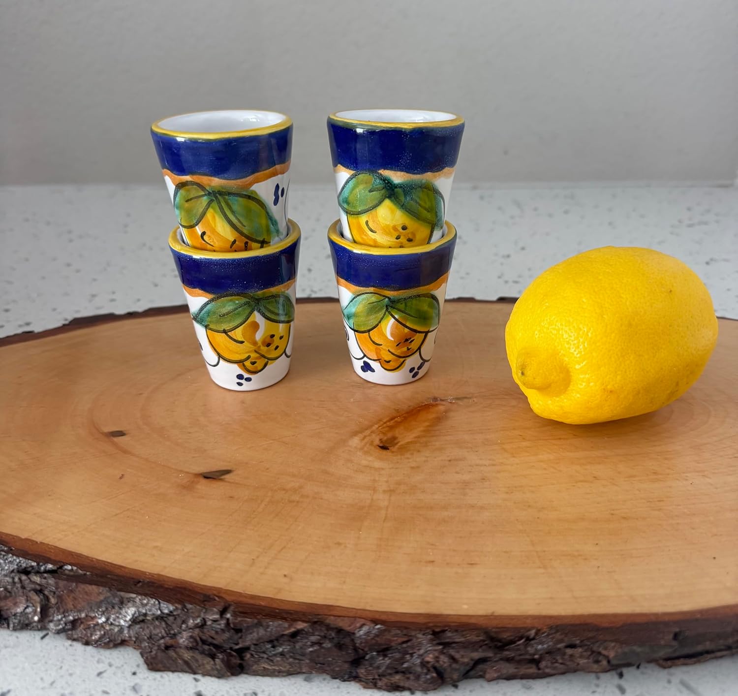 Hand Painted Italian Ceramic Limoncello Glasses - Set of 4 Lemon Shot Cups, Artisan Cordial Glasses, Made in Italy