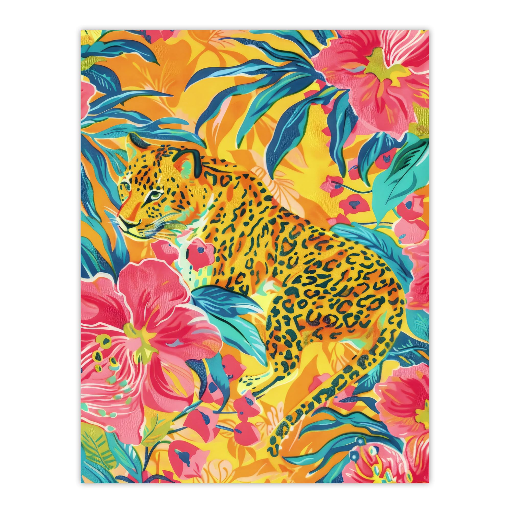 Leopard in Pink Lily Jungle Vibrant Painting Poster Wall Art Print - W24 inch x H32 inch - Artery8
