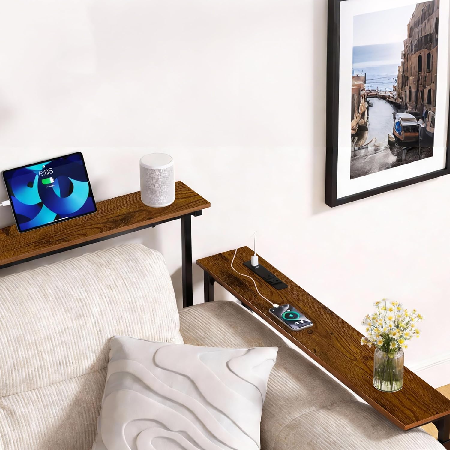 grleaf 35" adjustable height narrow console table with power outlets, long sofa table with charging station behind couch table skinny entryway table for living room, hallway and office – rustic brown rustic brown 35in