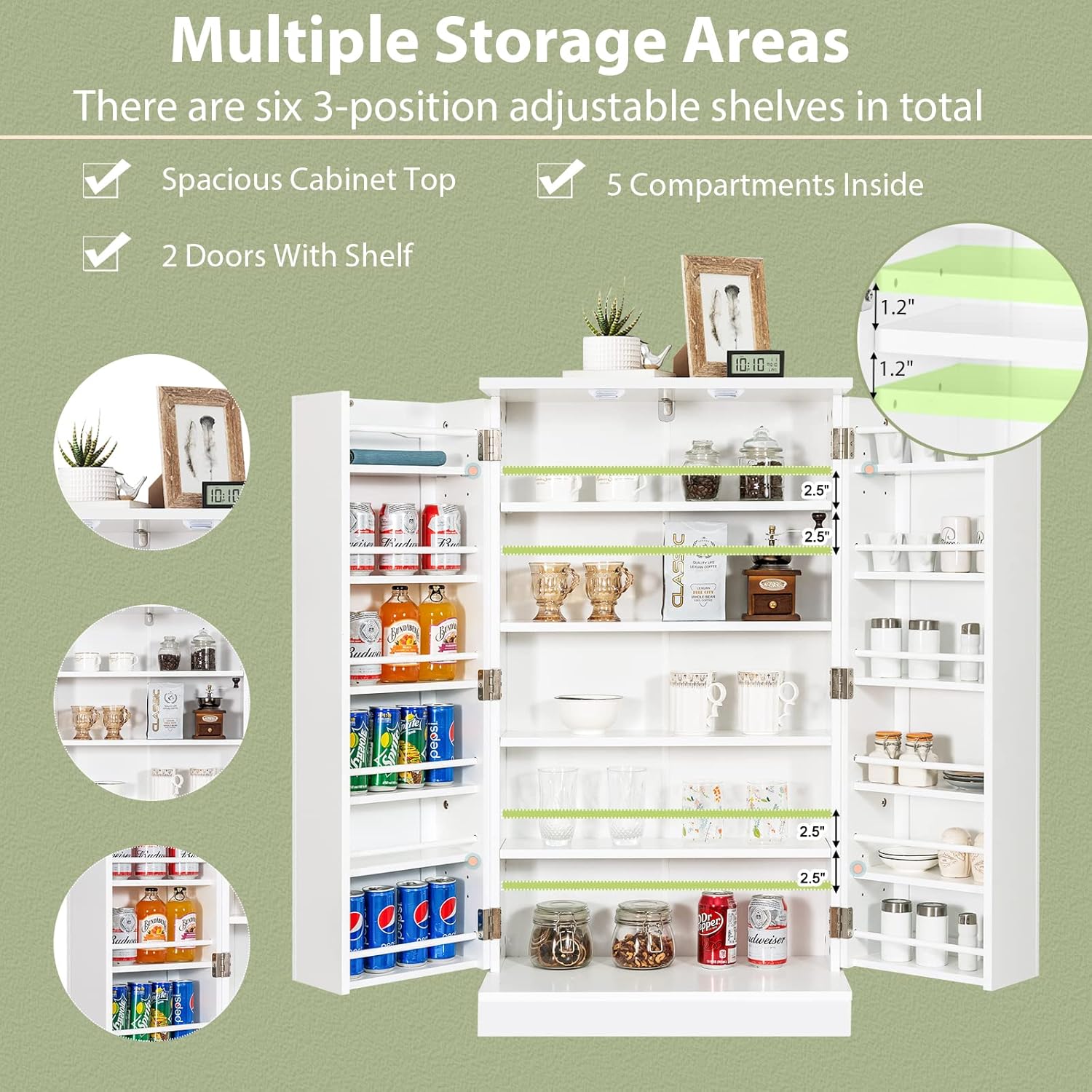 Tangkula Kitchen Pantry Cabinet, 17-Tier Buffet Sideboard with 2 Doors and 6 Adjustable Shelves, Kitchen Storage Cabinet, Space Saving Cupboard for Dining Room Living Room, 23 x 12 x 41 Inch (White)